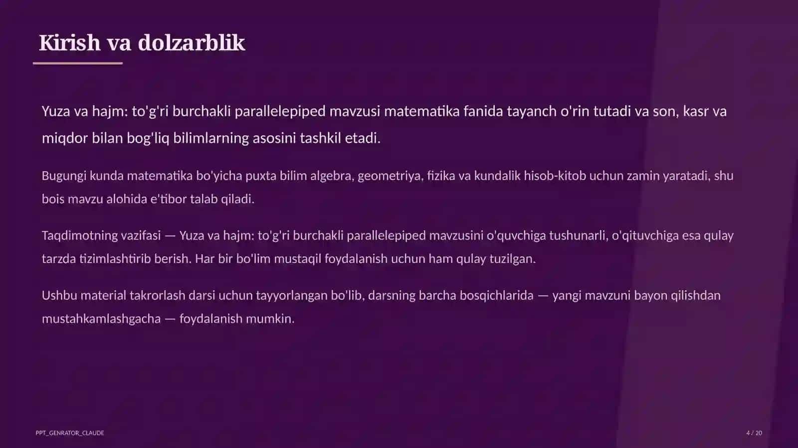Yuza va hajm: to'g'ri burchakli parallelepiped (5-sinf) 4