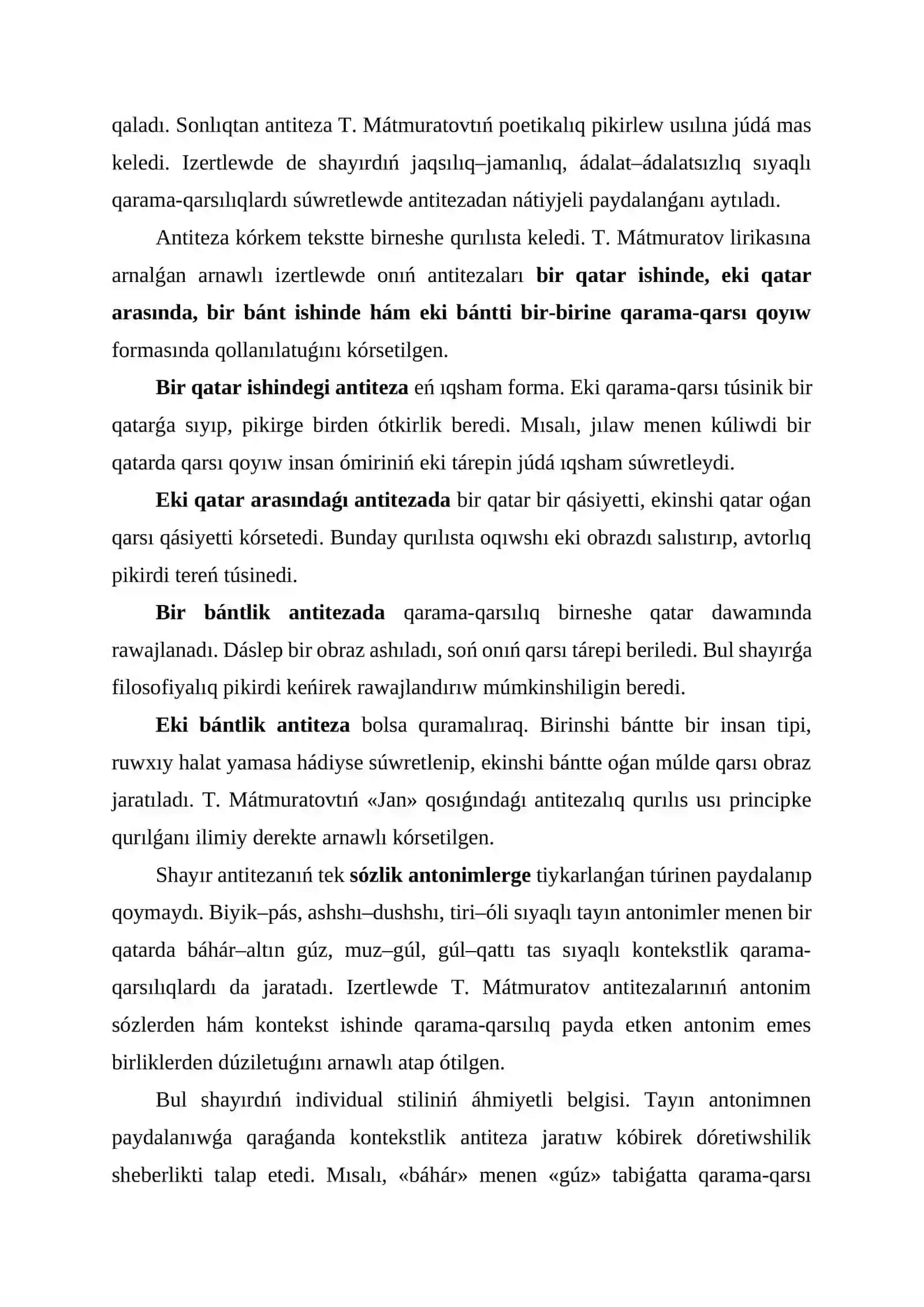 T. Mátmuratov lirikasında antitezanıń qollanılıwı 4