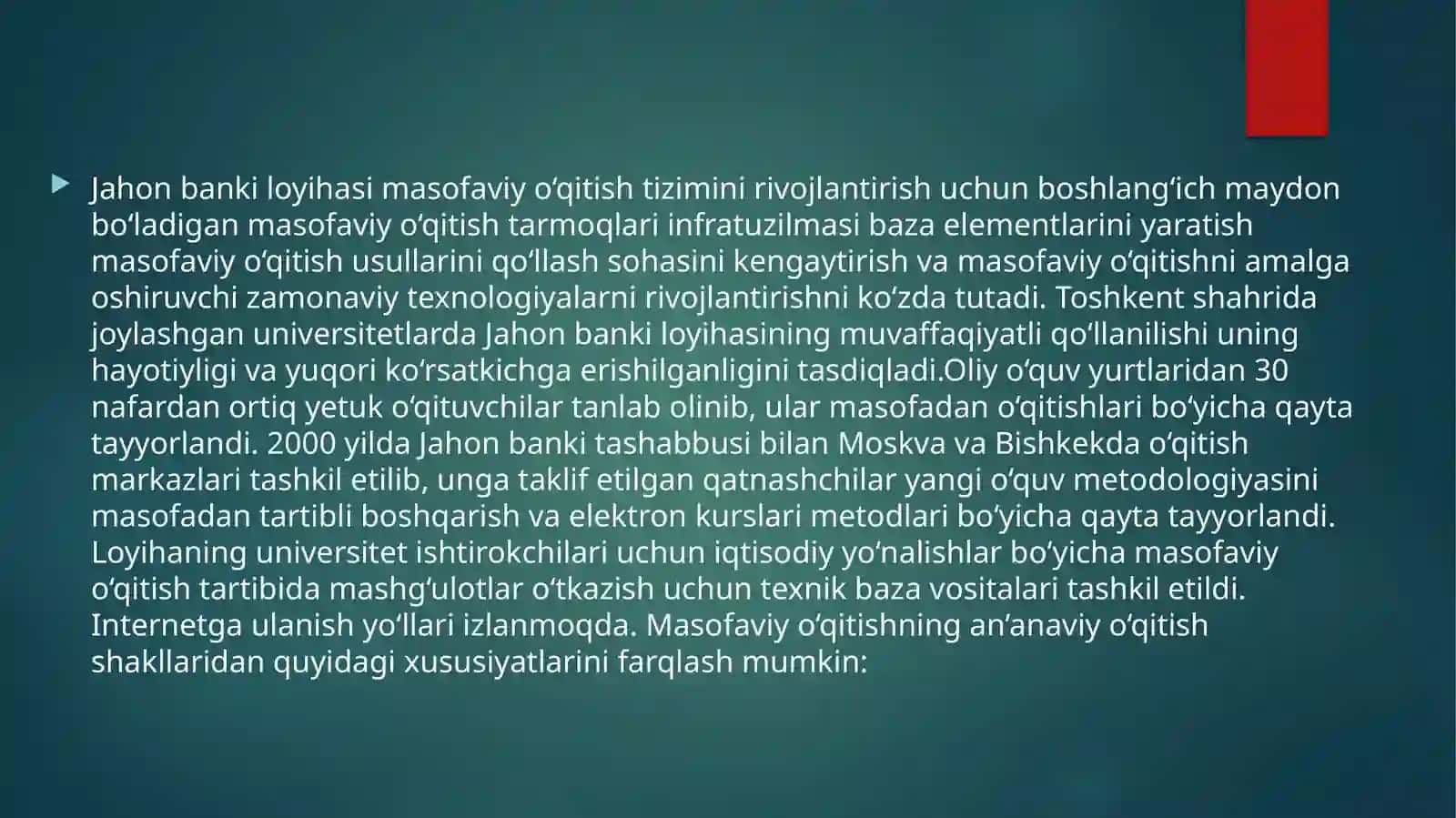 Jahon ta'lim tizimida masofaviy ta'limning rivojlanishi. Jahon mamlakatlarida ta'limi integratsiyalash va differensiyalashtrish  hamda kasbga yo'naltirish 4