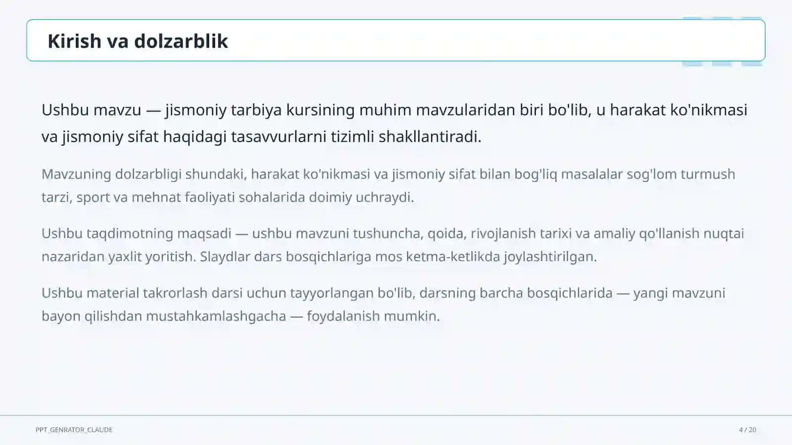 Jismoniy tarbiya (1–11) — takrorlash darsi uchun 4