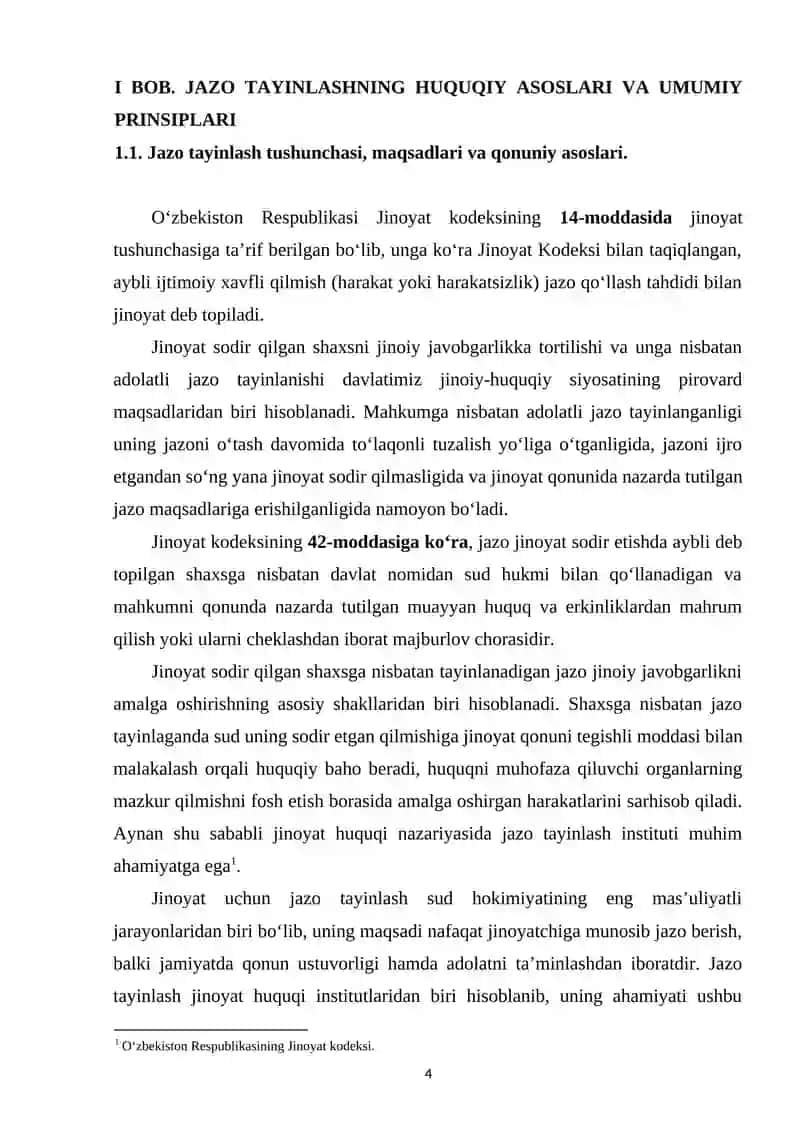 O‘ZBEKISTON JINOYAT HUQUQIDA JAZO TAYINLASH INSTITUTI: NAZARIYA VA AMALIYOT 4