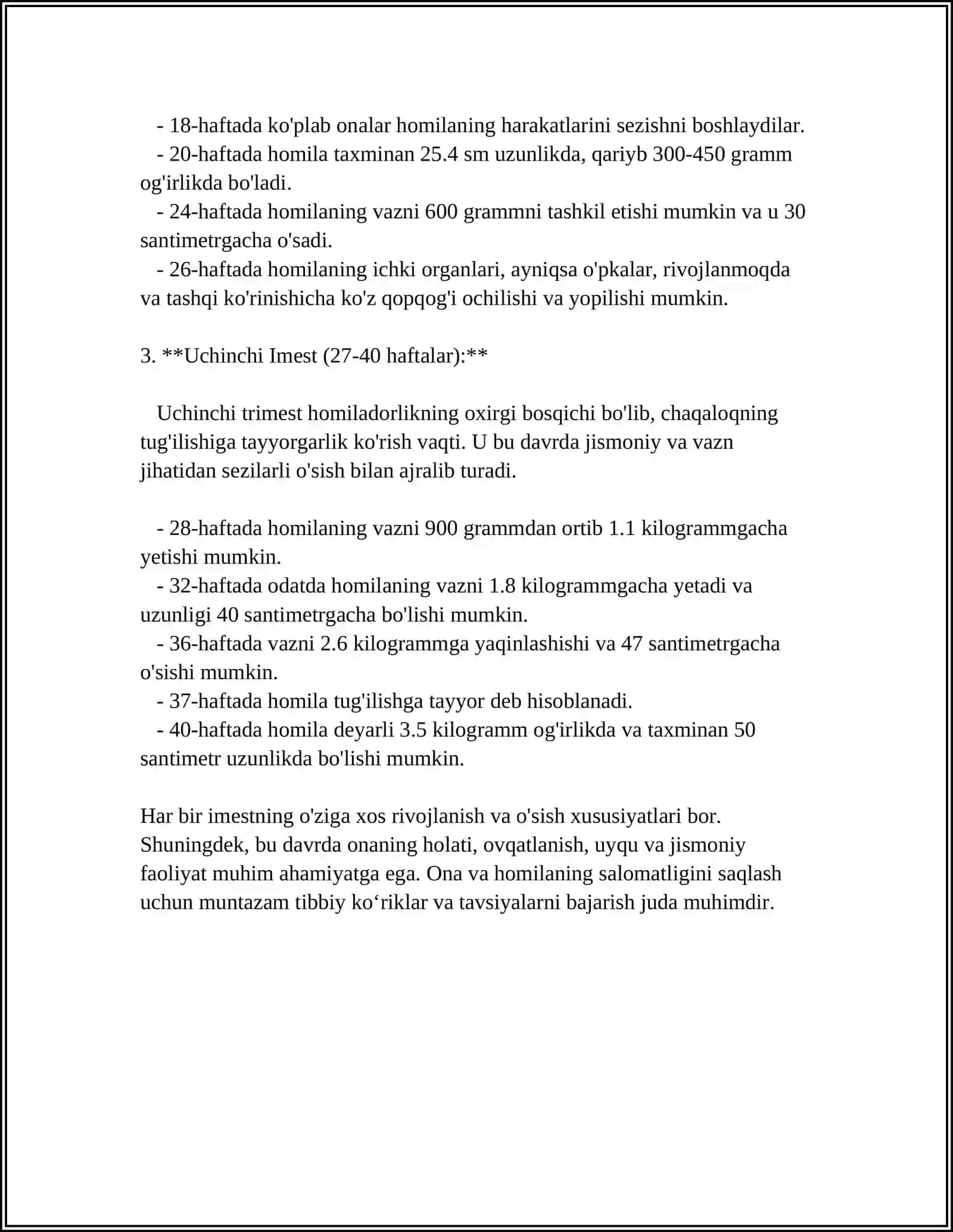 7. HOMILANI CHANOG‘I BILAN KELISHI. HOMILADORLIK VA TUG‘RUQNI KECHISHI. TUG‘RUQ BIOMEXANIZMI. LOVSET VA MORISO-SMELLI-VEYTA USULLARI. HOMILADORLAR KO‘NGIL AYNISHI VA QUSISHI. ETIOLOGIYASI, TASNIFI, KLINIKASI, DAVOLASH 4