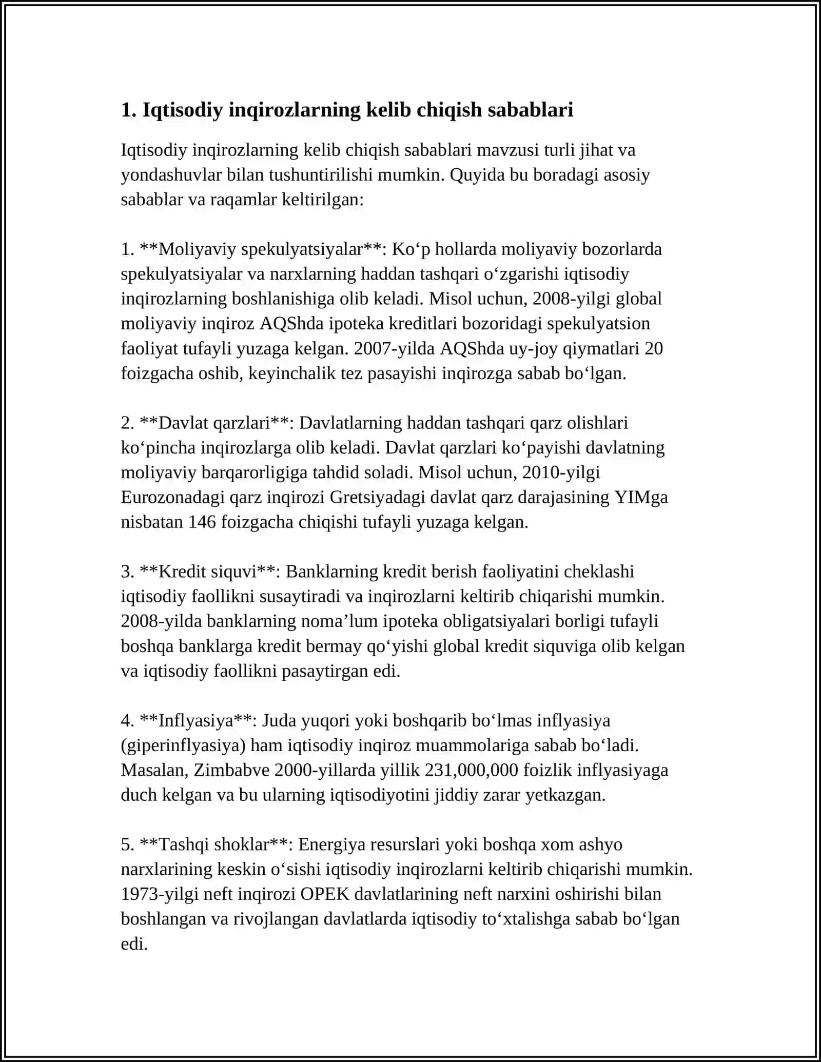 IQTISODIY INQIROZLAR TARIXI TASNIFI MODELLARI 4