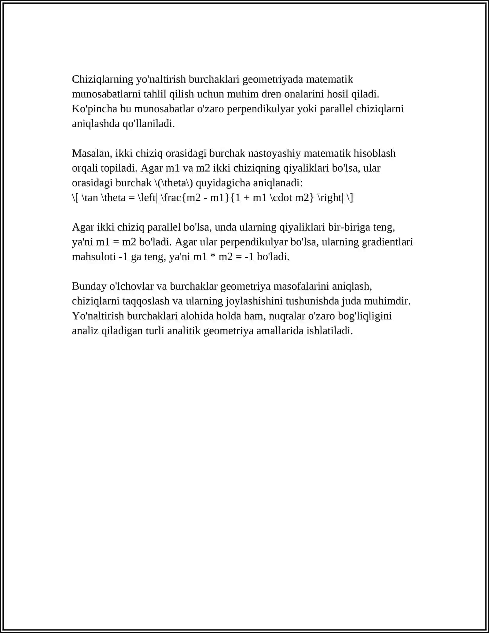 TEKISLIKDA TOʻGʻRI CHIZIQNI YUNALTIRISH BURCHAKLARI TUGRI GEDIZIK MASALA 4