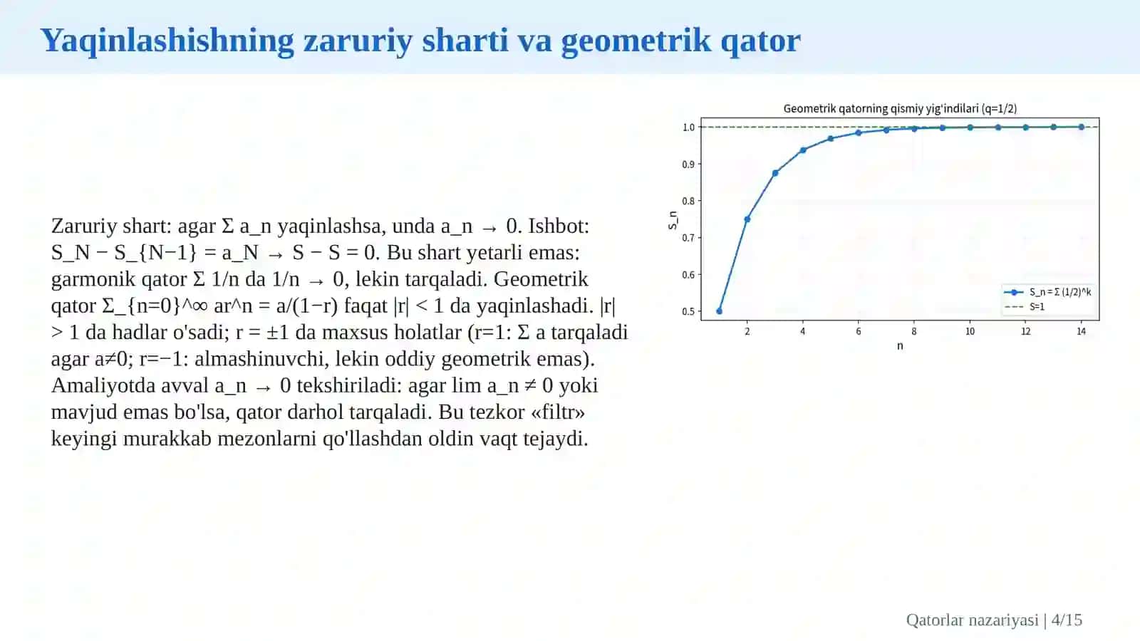 Qatorlar nazariyasi, yaqinlashish alomatlari va Teylor qatorlari 4