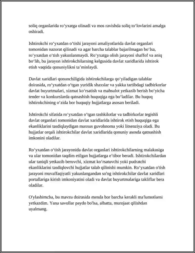 DAVLAT XARIDLARIDA ISHTIROKCHILARGA QOʻYILADIGAN TALABLAR 4