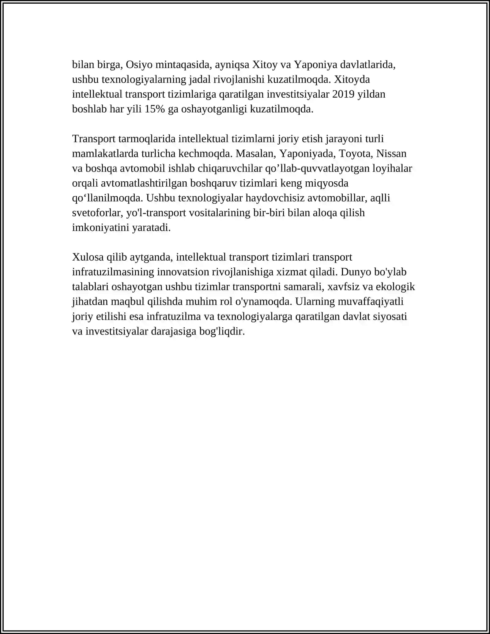 MUSTAQIL ISH Mavzu: TRANSPORT INTELLEKTUAL TIZIMLARINING YARATILISHI RIVOJLANISHINING TAHLILI 4