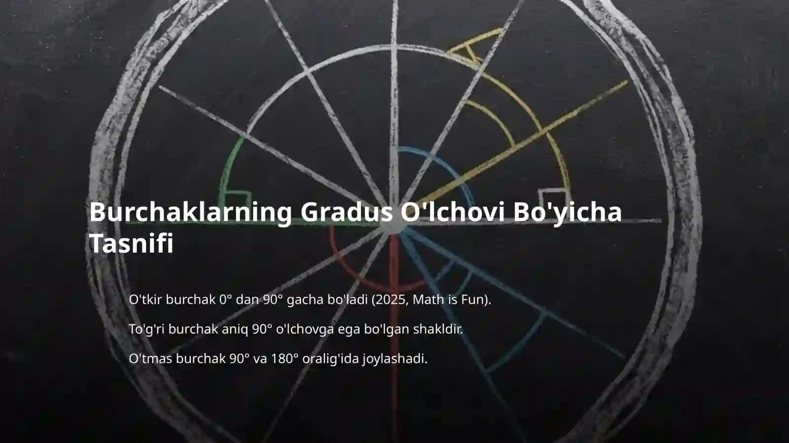 Burchak turlari (to‘g‘ri, o‘tkir, o‘tmas, yoyiq) va ularni aniqlash usullarini 4