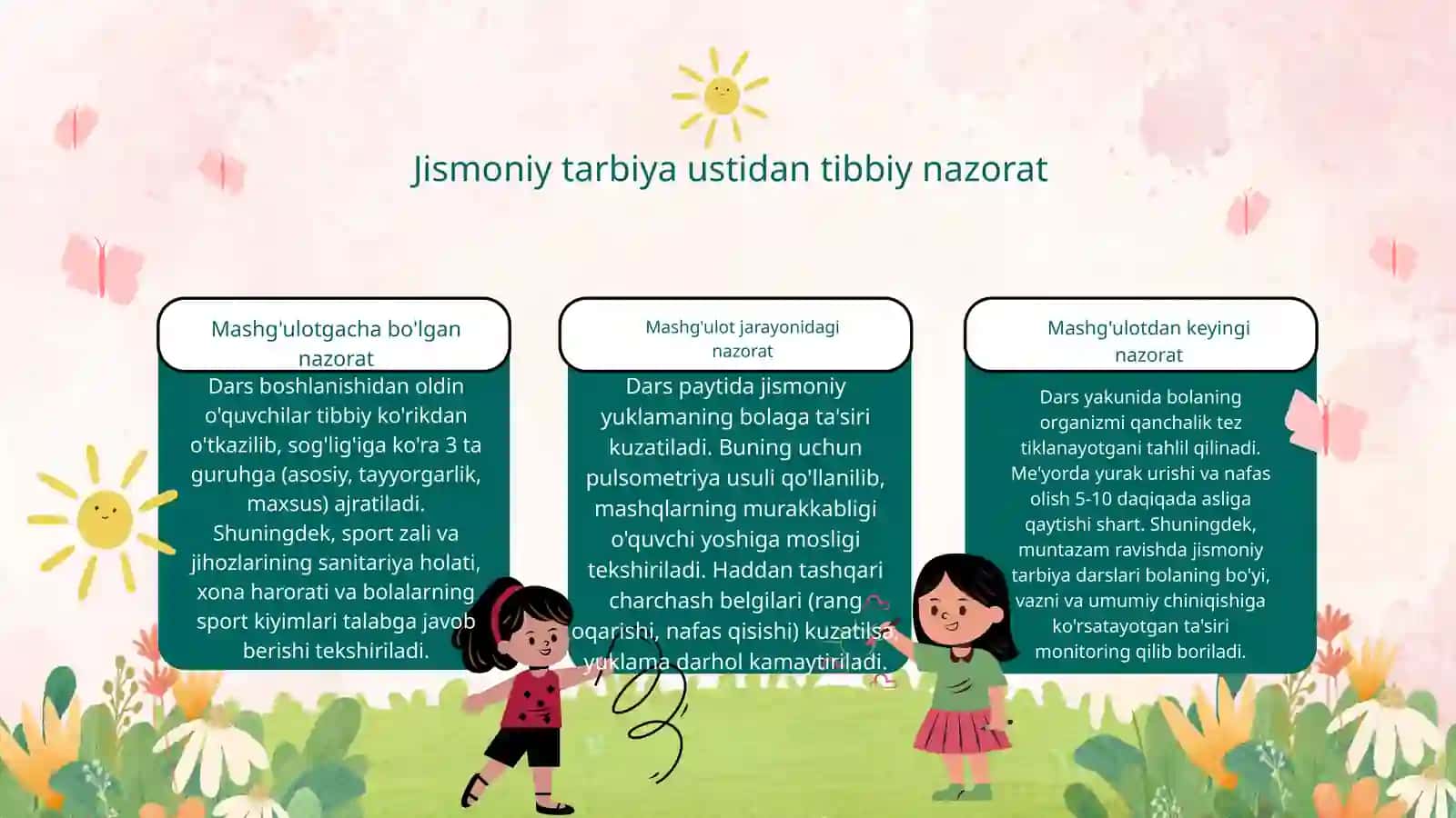 Maktabda jismoniy tarbiya bo'yicha tibbiy nazorat. Salomatlik guruhlari. Maktab mebellari va o'quv jihozlariga gigiyenik talablar. Bolalar muassasalarida yoritilganlikka gigiyenik talablar 4