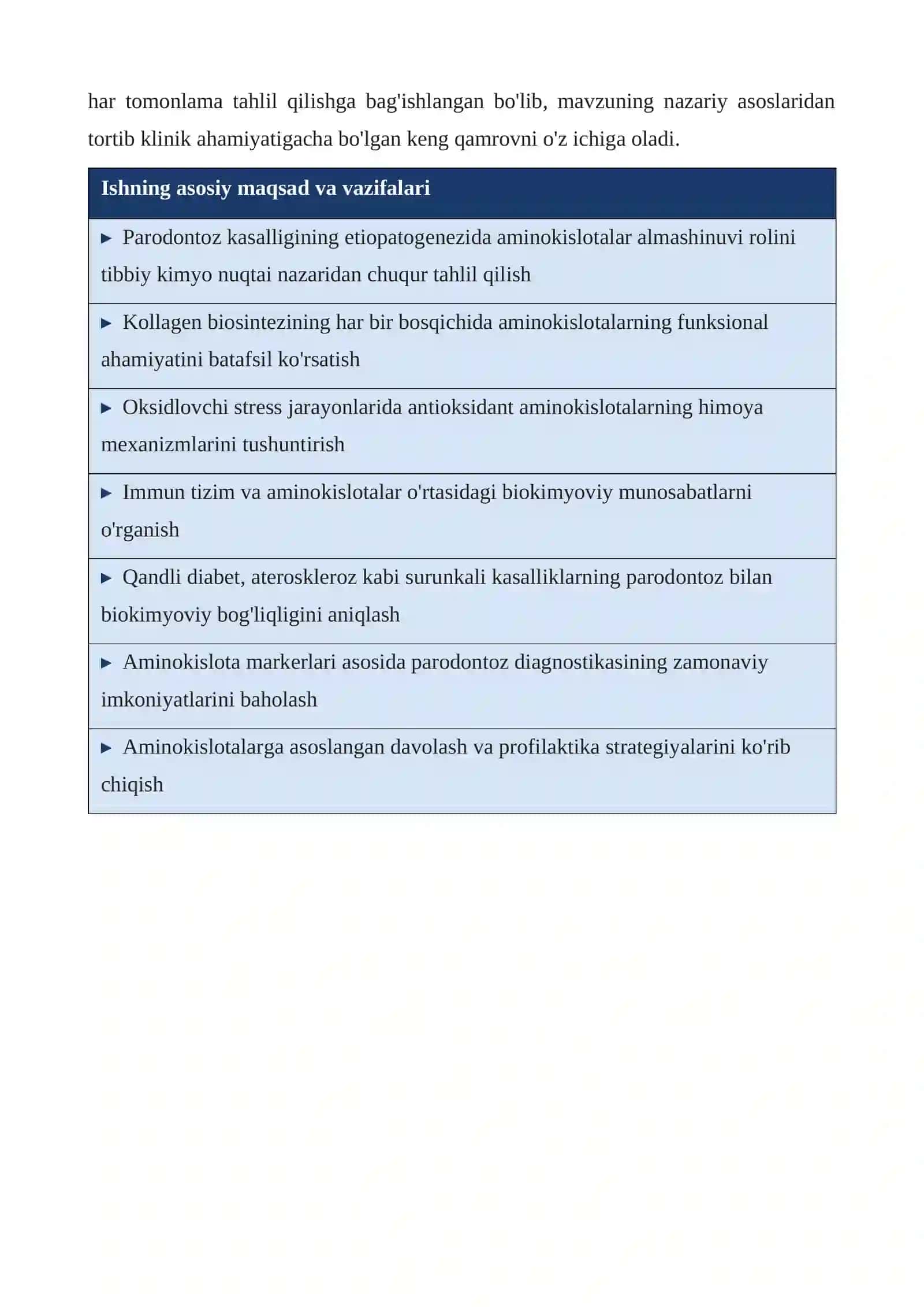 PARODONTOZ KASALLIGINI KELIB CHIQISHIDA VA RIVOJLANISHIDA AMINOKISLOTALARNING O'RNI MUSTAQIL ISH 4