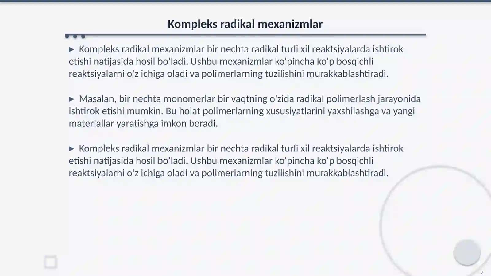 Kompleks radikal polimerlash reaksiyalari va kinetikasi 4
