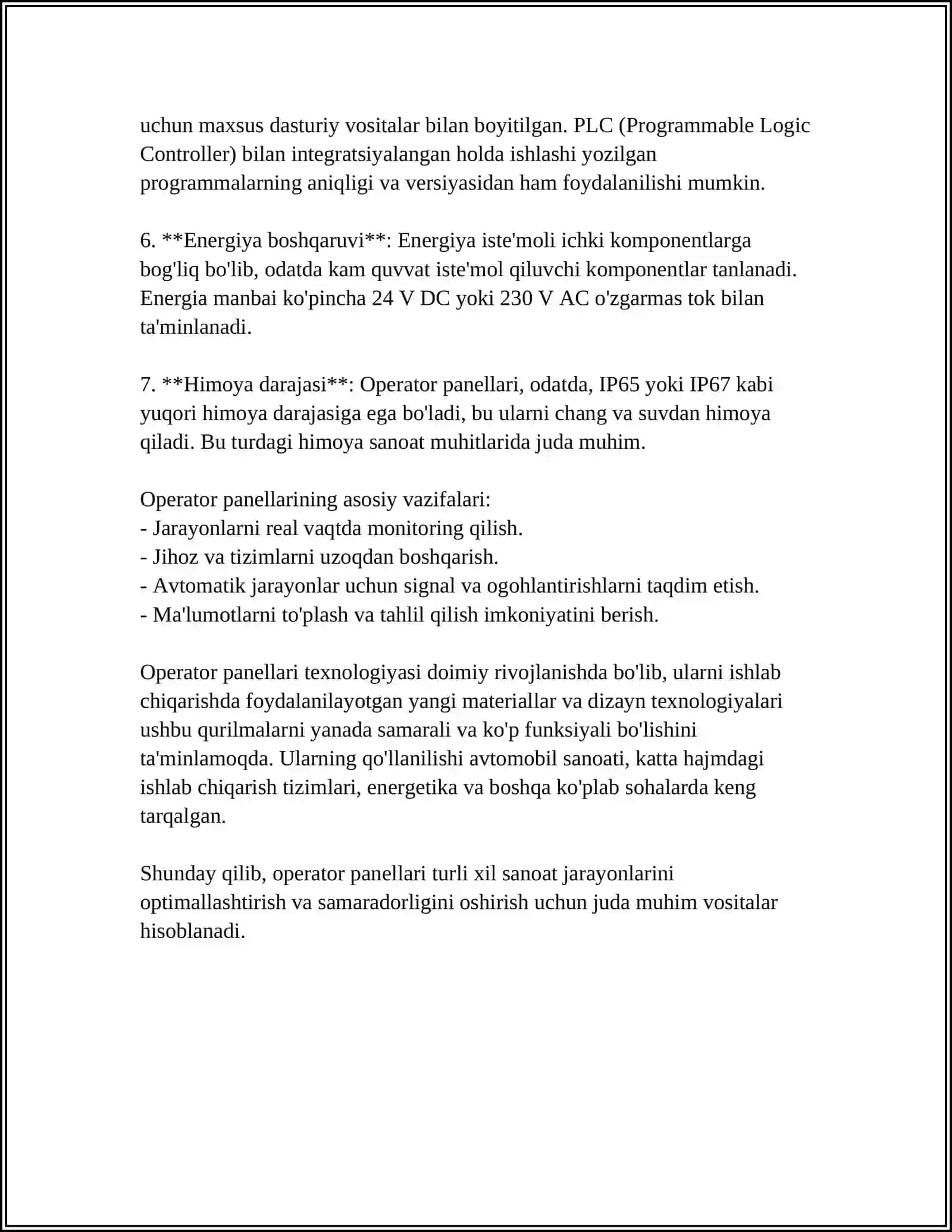OPERATOR PANELLARI VA MANBALARI, UZLUKSIZ QUVVAT MANBAI. OPERATOR PANELI: QURILMA, TASNIFI, FUNKSIONALLIGI. UPS: TASNIFI, ISHLASH REJIMLARI. ELEKTR TA'MINOTIDAGI ENG TIPIK NOSOZLIKLAR VA ULARNI BARTARAF ETISH USULLARINI TAHLIL QILISH 4