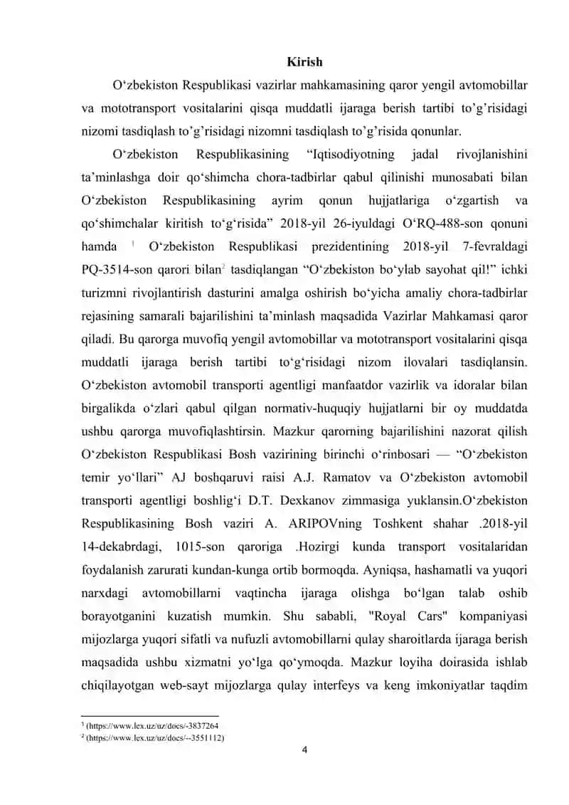 LOYIHA ISHI 2 Mavzu: Narxi yuqori bo’lgan “Royal cars” mashinalarni ijaraga beruvchi avtoturargohning web saytini ishlab chiqish. 4