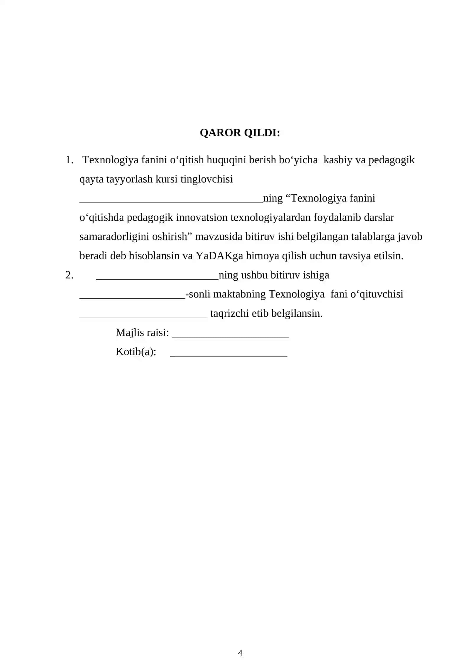 Texnologiya fanini o‘qitish huquqini berish bo‘yicha kasbiy va pedagogik qayta tayyorlash kursi 4