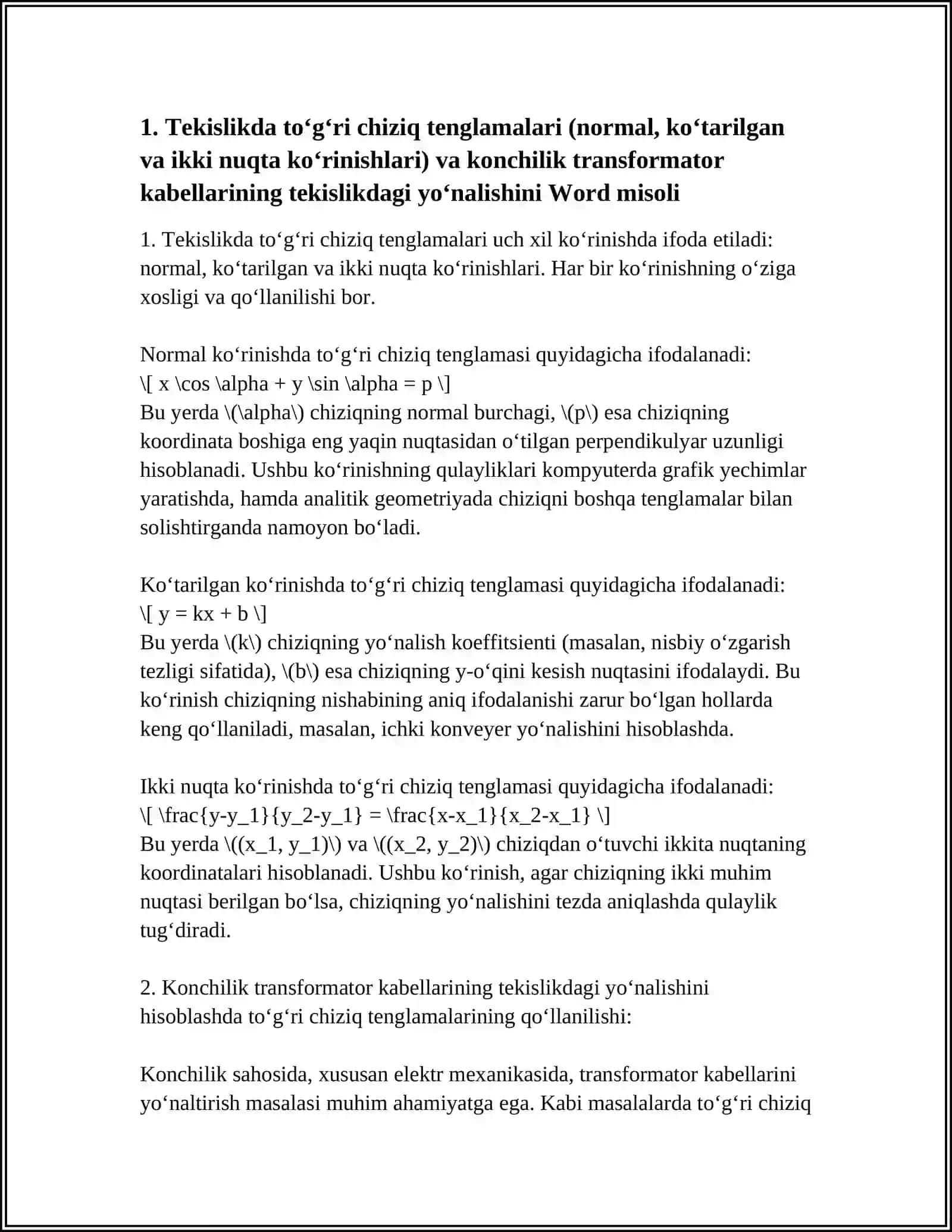 TEKISLIKDA TO‘G‘RI CHIZIQ TENGLAMALARI VA ULARNING TURLARI 4