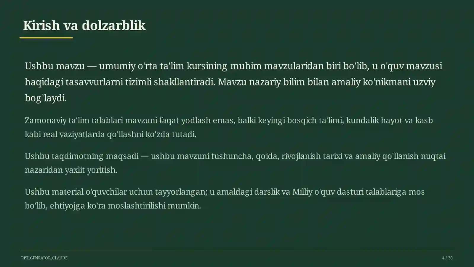 Dolzarb mavzular — maktab va o'qituvchilar (2026) — o'quvchilar uchun 4