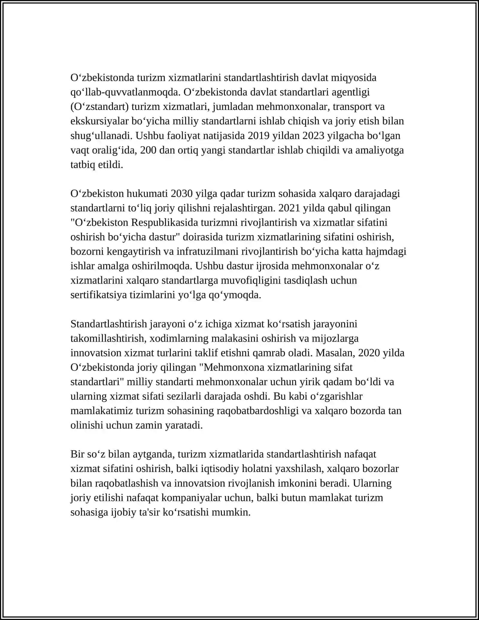 TURIZM XIZMATLARDA STANDARTLASHTIRISH TUSHUNCHASI 4