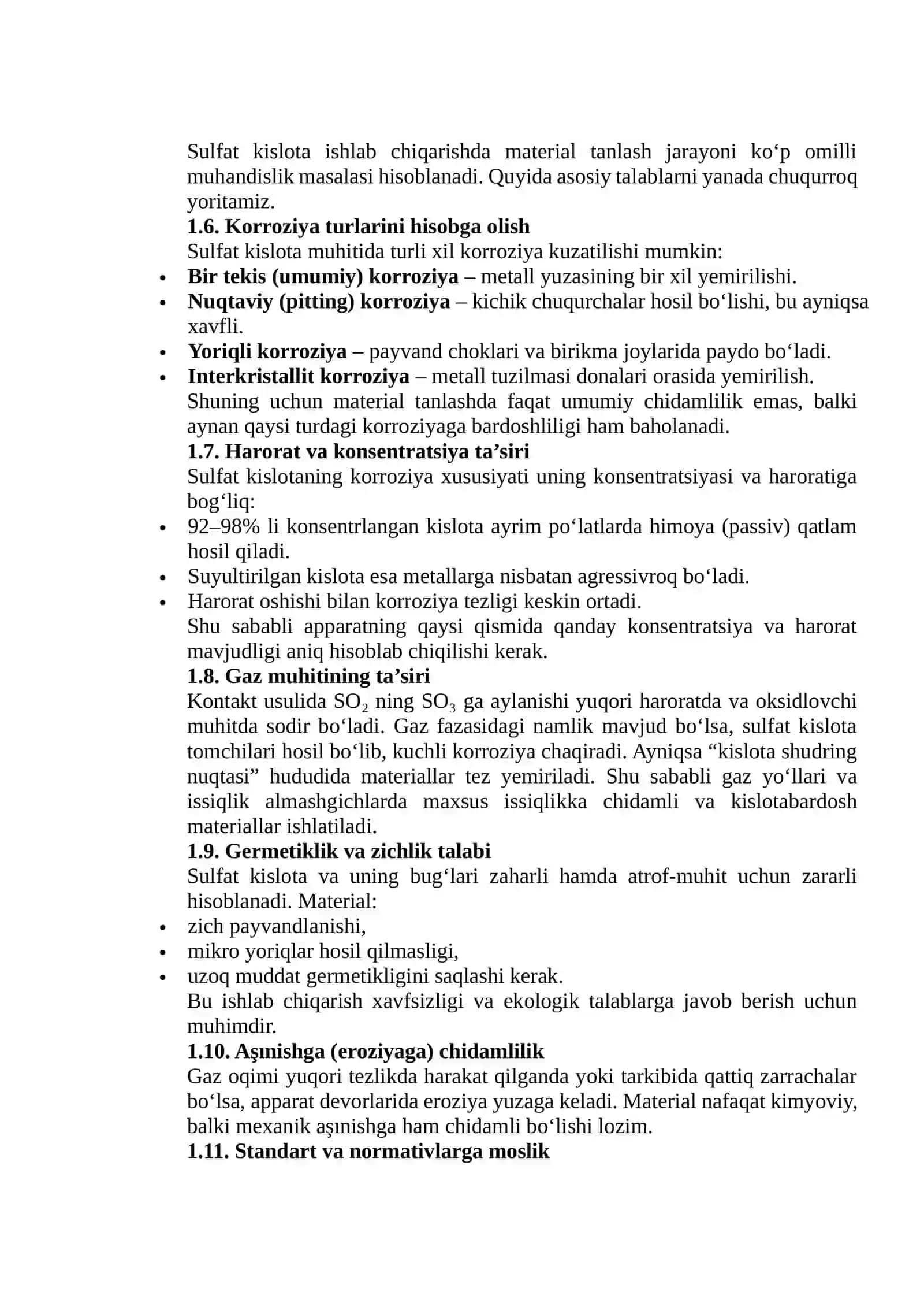 Sulfat kislota ishlab chiqarish apparatlar materiallarga qo’yiladigan talablar 4