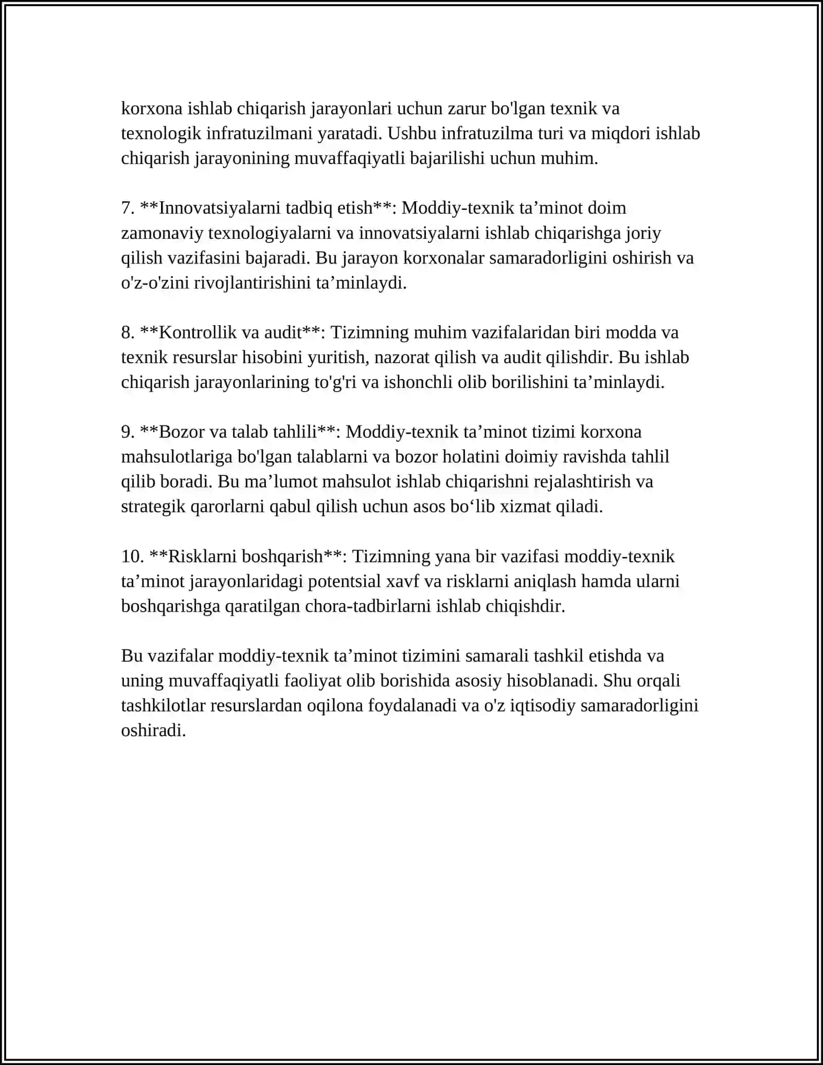 MODDIY-TEXNIK TA'MINOTNI TASHKIL ETISH. KORXONALARNI MODDIY RESURSLAR BILAN TA'MINLASH STRATEGIYASI R 4