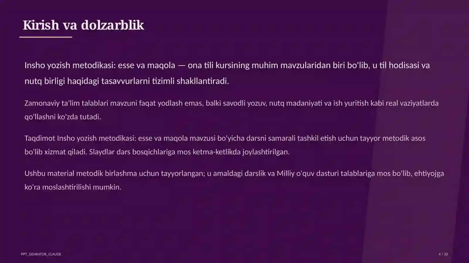 Insho yozish metodikasi: esse va maqola (11-sinf) 4