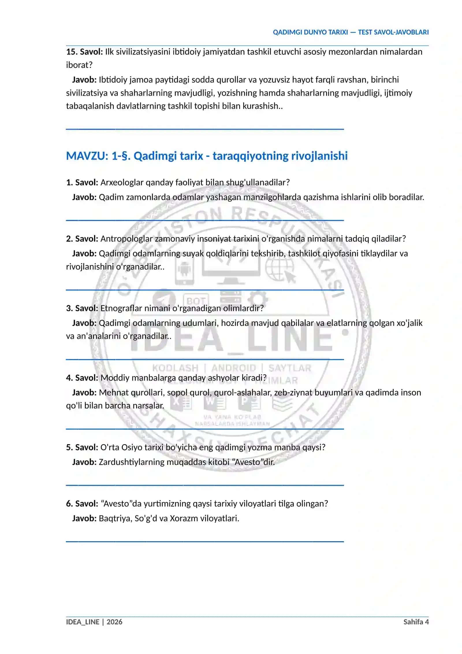 QADIMGI DUNYO TARIXI QADIMGI DUNYO TARIXI — TEST SAVOL-JAVOBLARI 4
