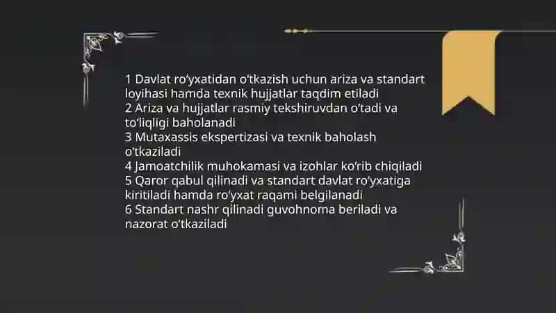Standartlarni tasdiqlash va davlat ro`yxatidan o`tkazish 4