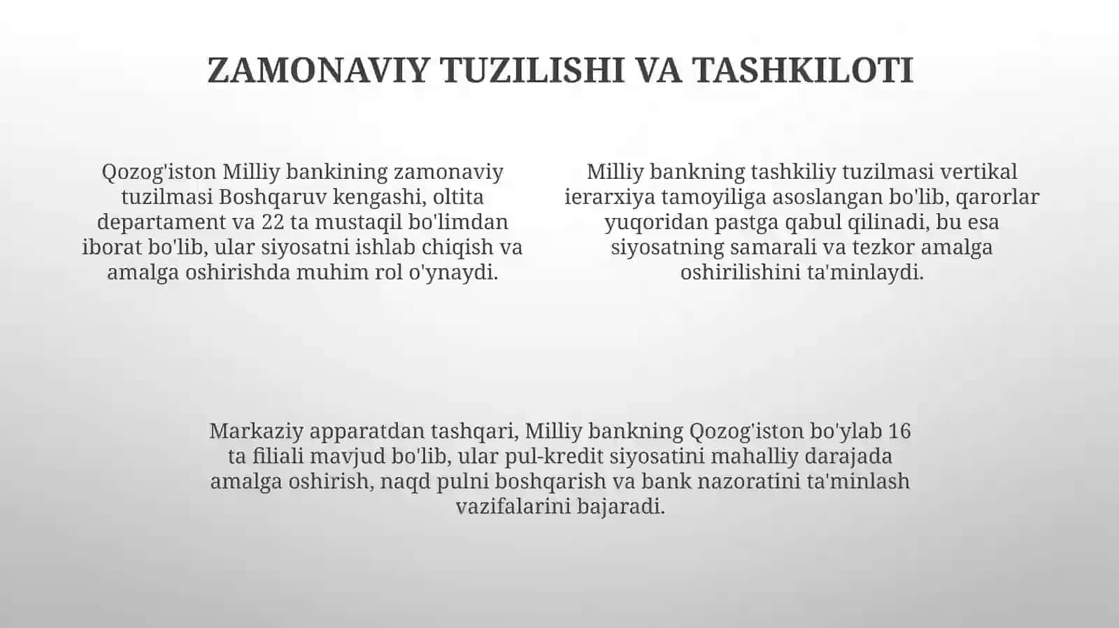 Qozog'istonning pul-kredit siyosatini amalga oshiruvchi organ va uning iqtisodiyotida tutgan oʻrni 4
