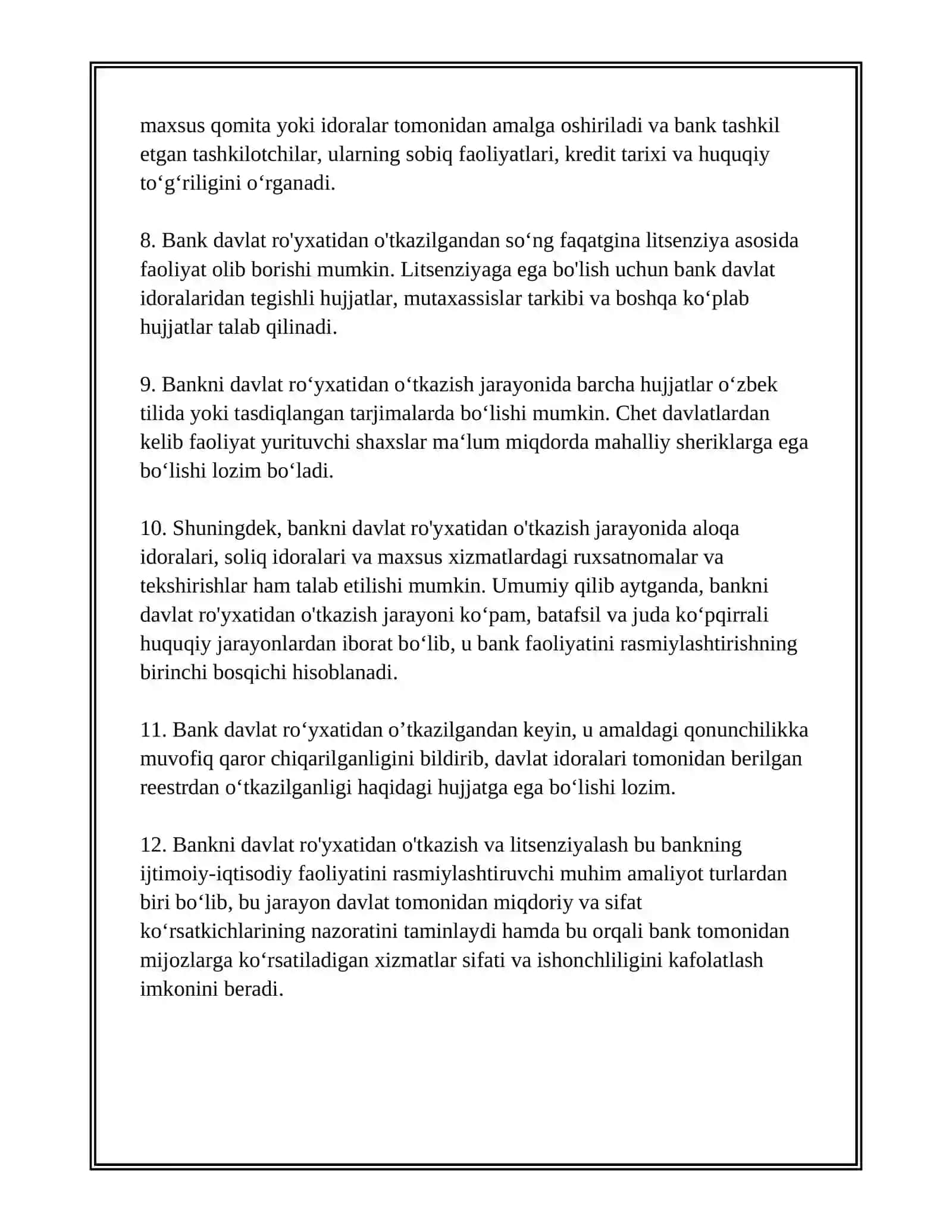 BANKLARNI DAVLAT RO'YXATIDAN O'TKAZISH VA LITSENZIYALASH TARTIBI 4