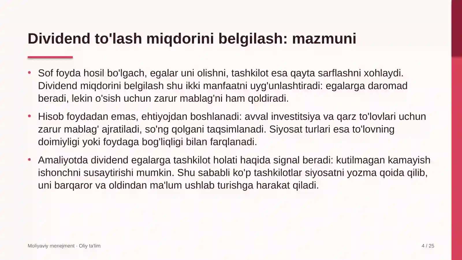 Avtosalonlarda dividend to'lash miqdorini belgilash 4