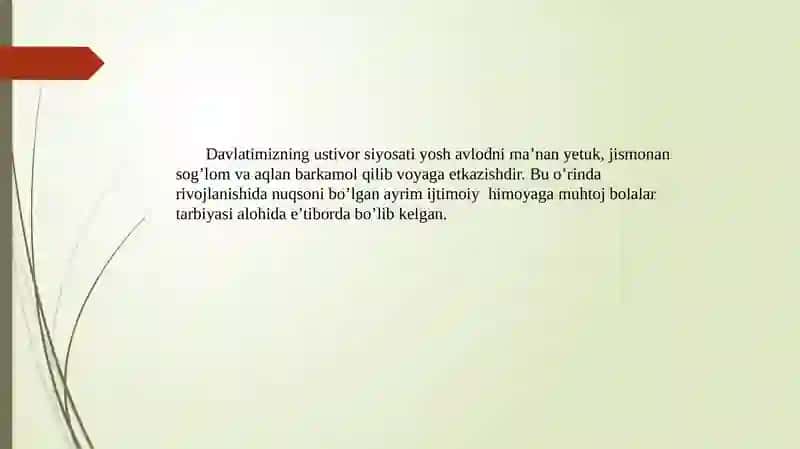 O’zbekiston Respublikasida jismoniy va ruhiy rivojlanishida nuqsoni bo’lgan bolalar va o’smirlarning ijtimoiy himoyasi. 4