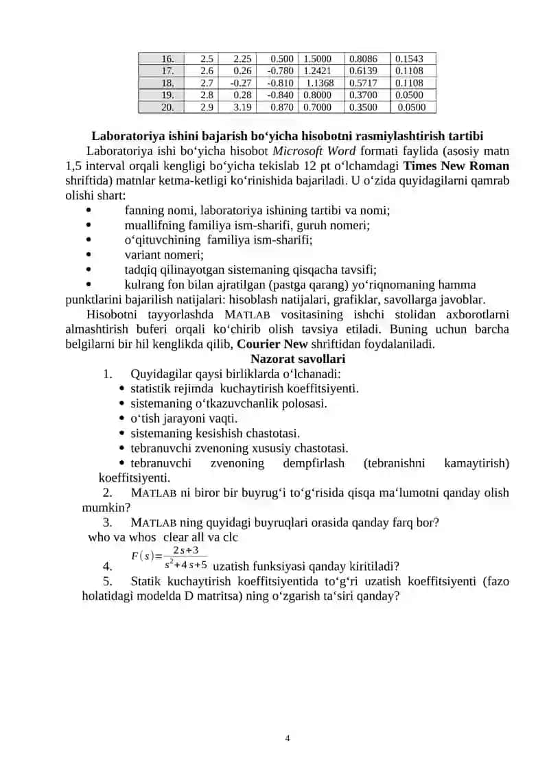 Laboratoriya ishi - OCHIQ CHIZIQLI SISTEMALARNI TADQIQ ETISH 4