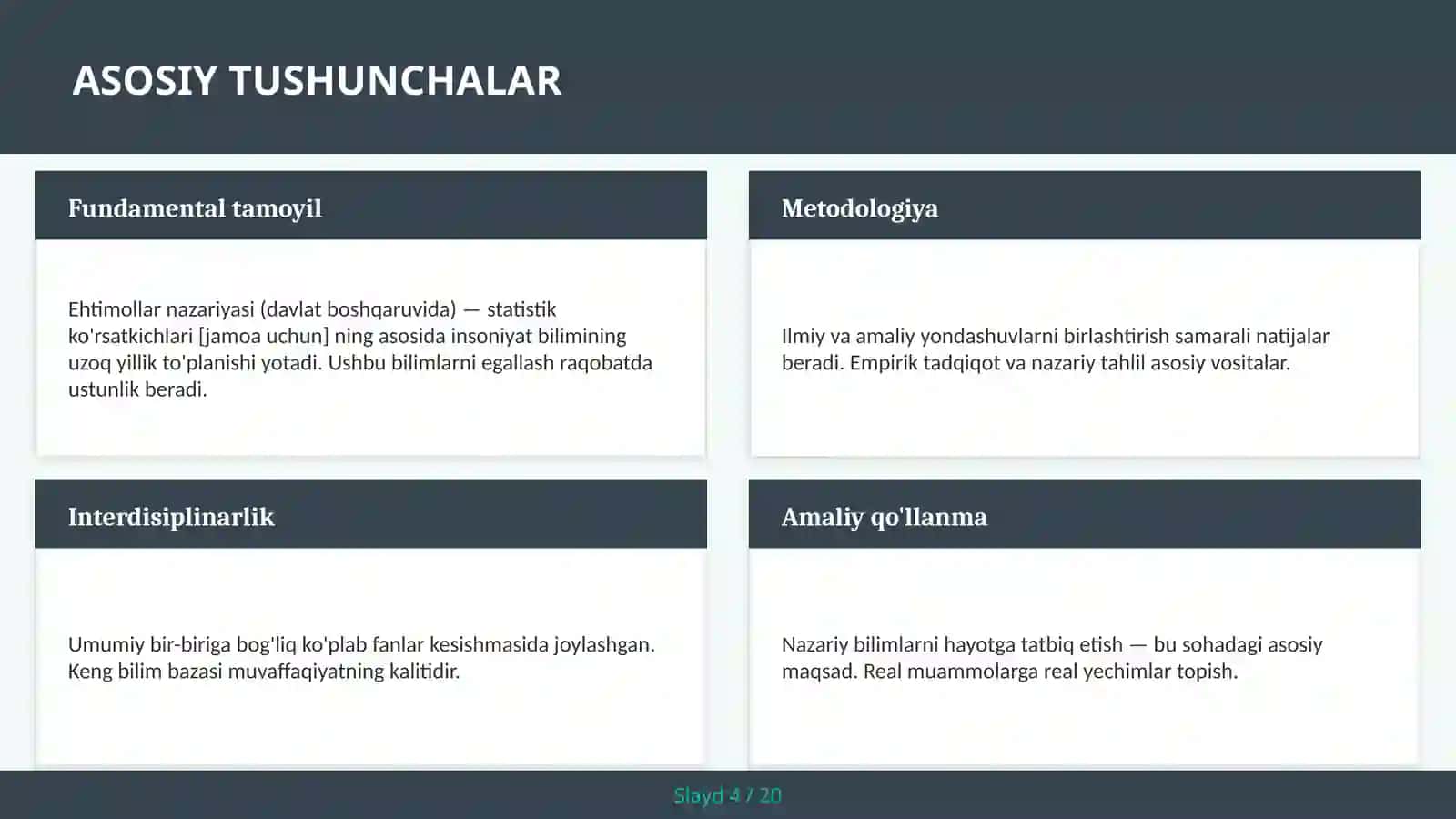 Ehtimollar nazariyasi (davlat boshqaruvida) — statistik ko'rsatkichlari [jamoa uchun] 4
