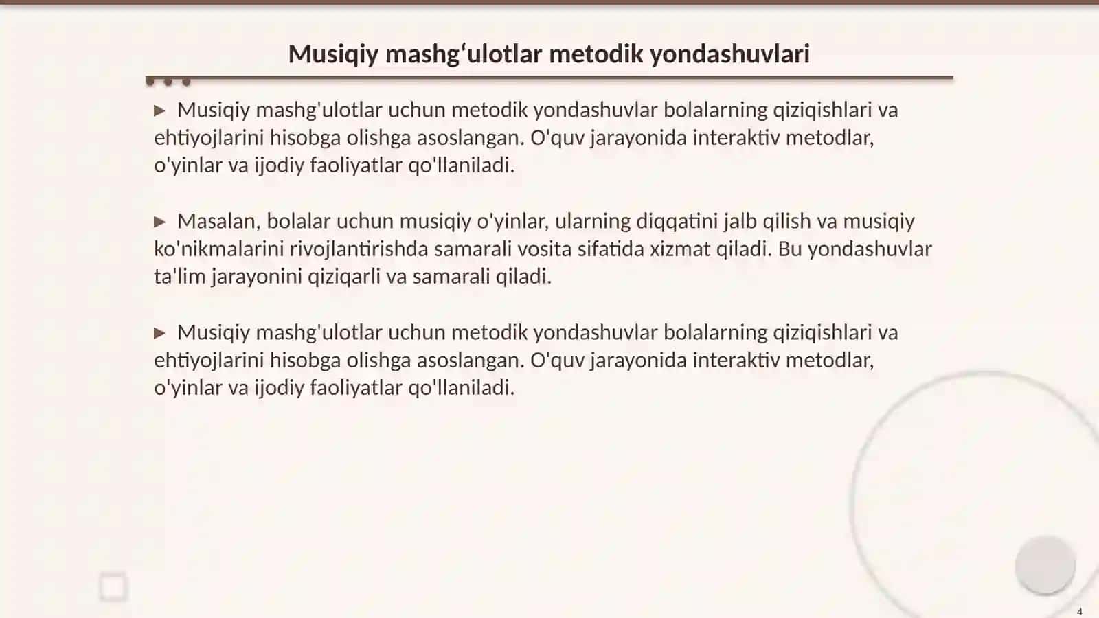 MTTda musiqiy mashgʻulot berish metodikasi boʻyicha ishlarni tashkil qilish 4