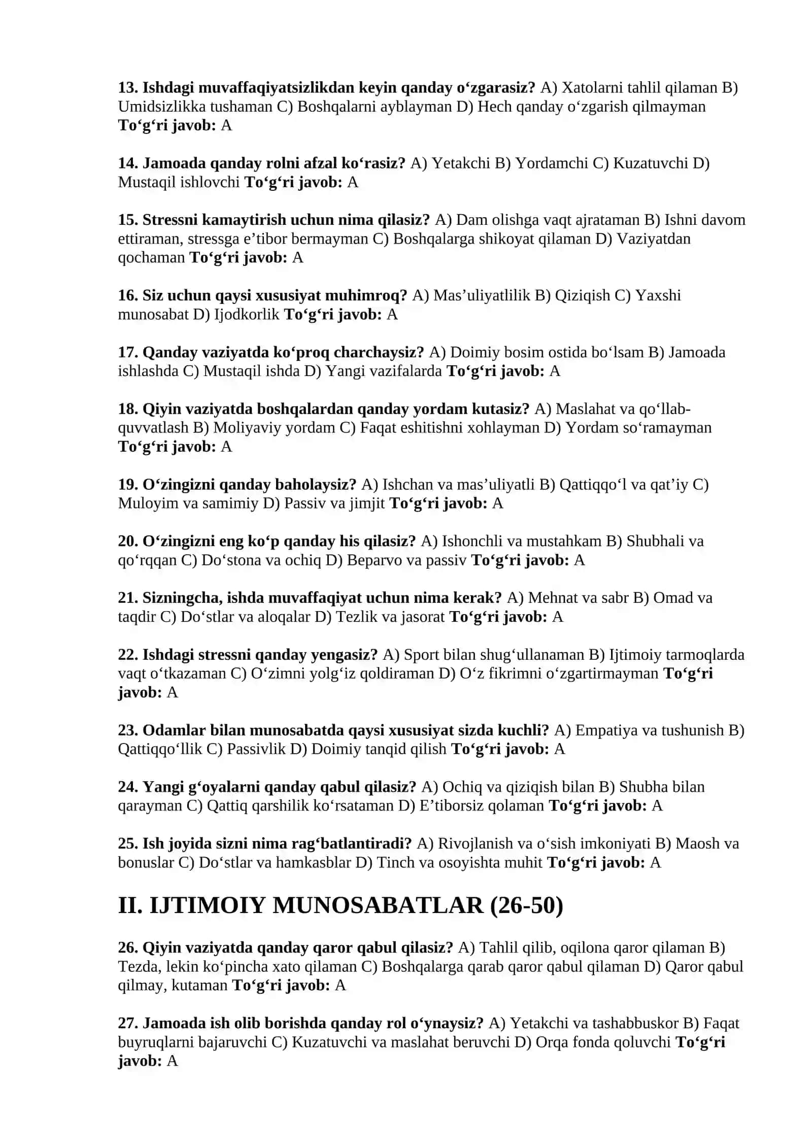 Ichki ishlar organlariga ishga kirmoqchi bo'lganlar uchun 100 TA VARIANTLI PSIXOLOGIK TEST SAVOLLARI 3-qism 4