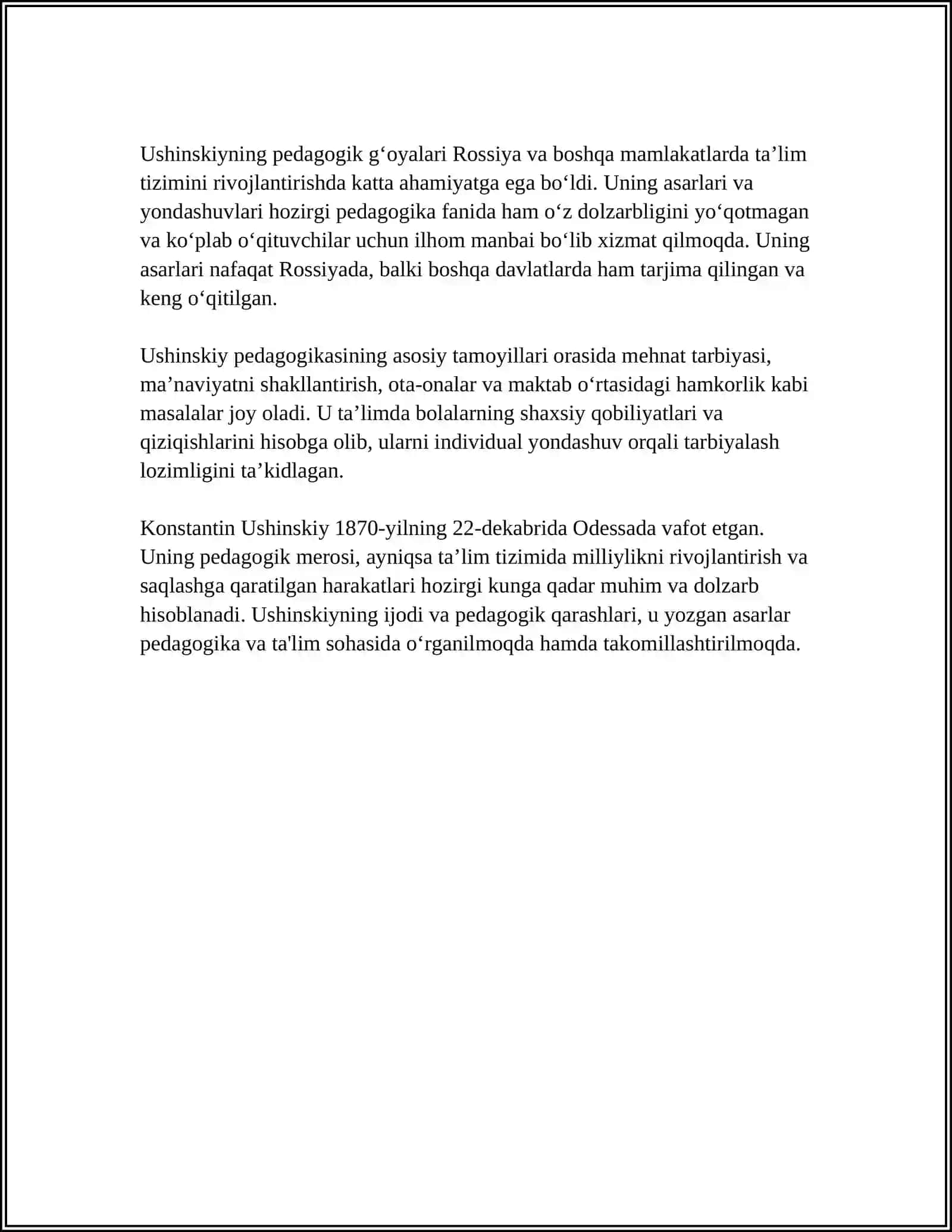 K.D.USHINSKIYNING PEDAGOGIK GOYALARI. L.N. TOLSTOYNING PEDAGOGIK QARASHLARI 4