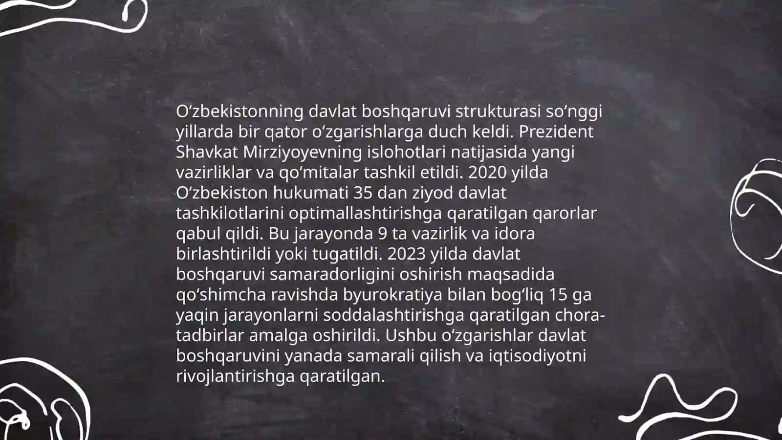 Ma'muriy islohotlar davlat boshqaruv tizimini samaradorlik, ochiqlik va hisobdorlik tamoyillari asosida takomillashtirishga qaratilgan jarayonlardir 4