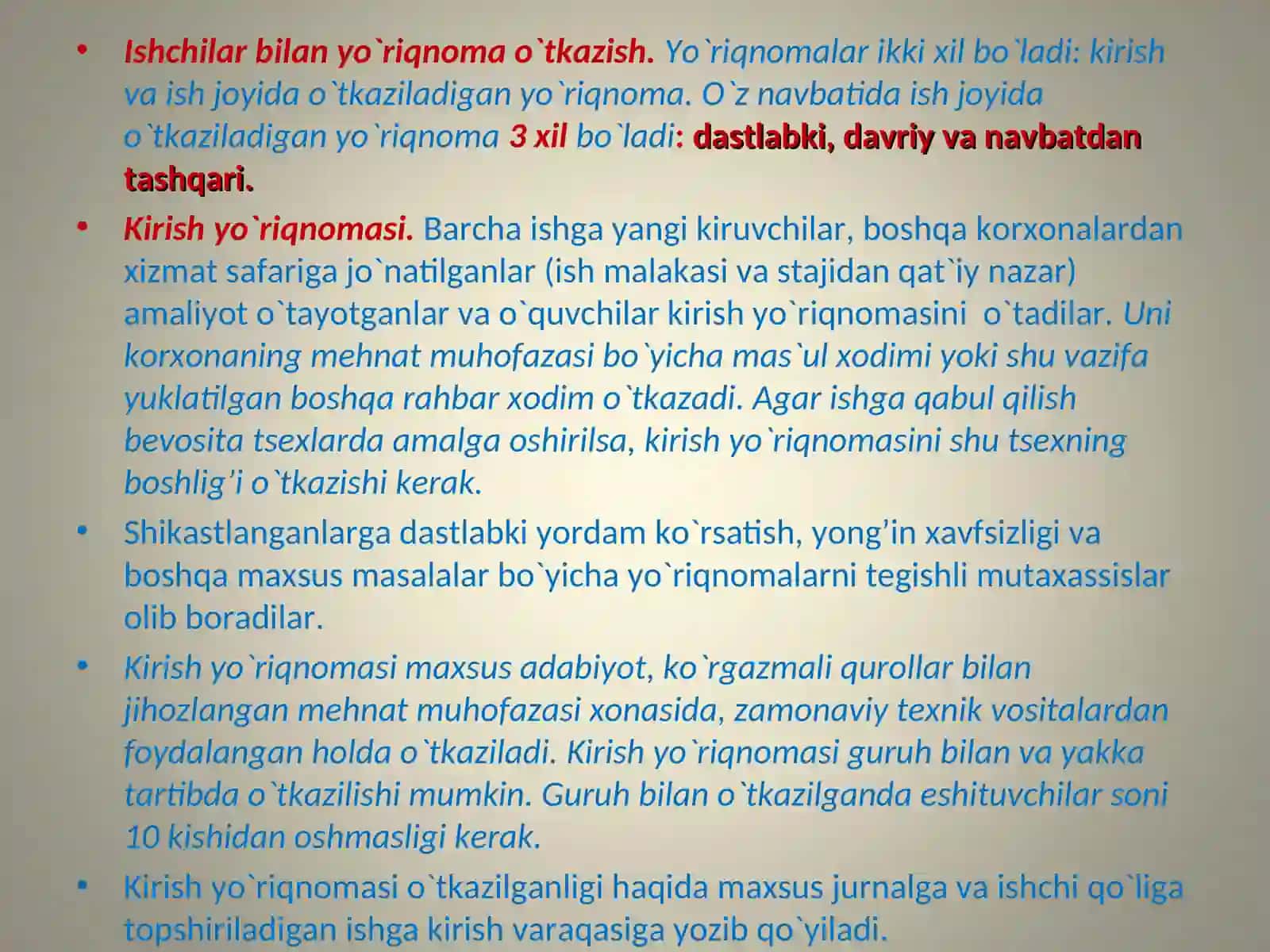 Mehnat muhofazasiga o`qitishni tashkil qilish va bilimlarni tekshirish bo`yicha namunaviy nizom 4