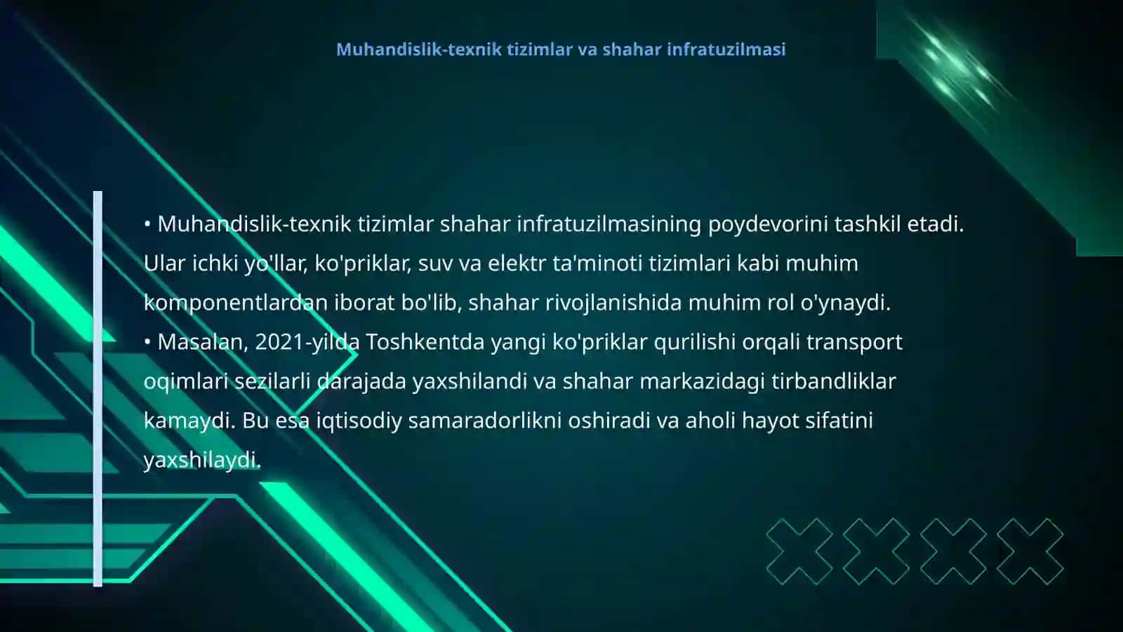 Transport va muhandislik-texnik tizimlarning shahar tashkil etuvchi ahamiyati va ularni mukammallashtirish 4