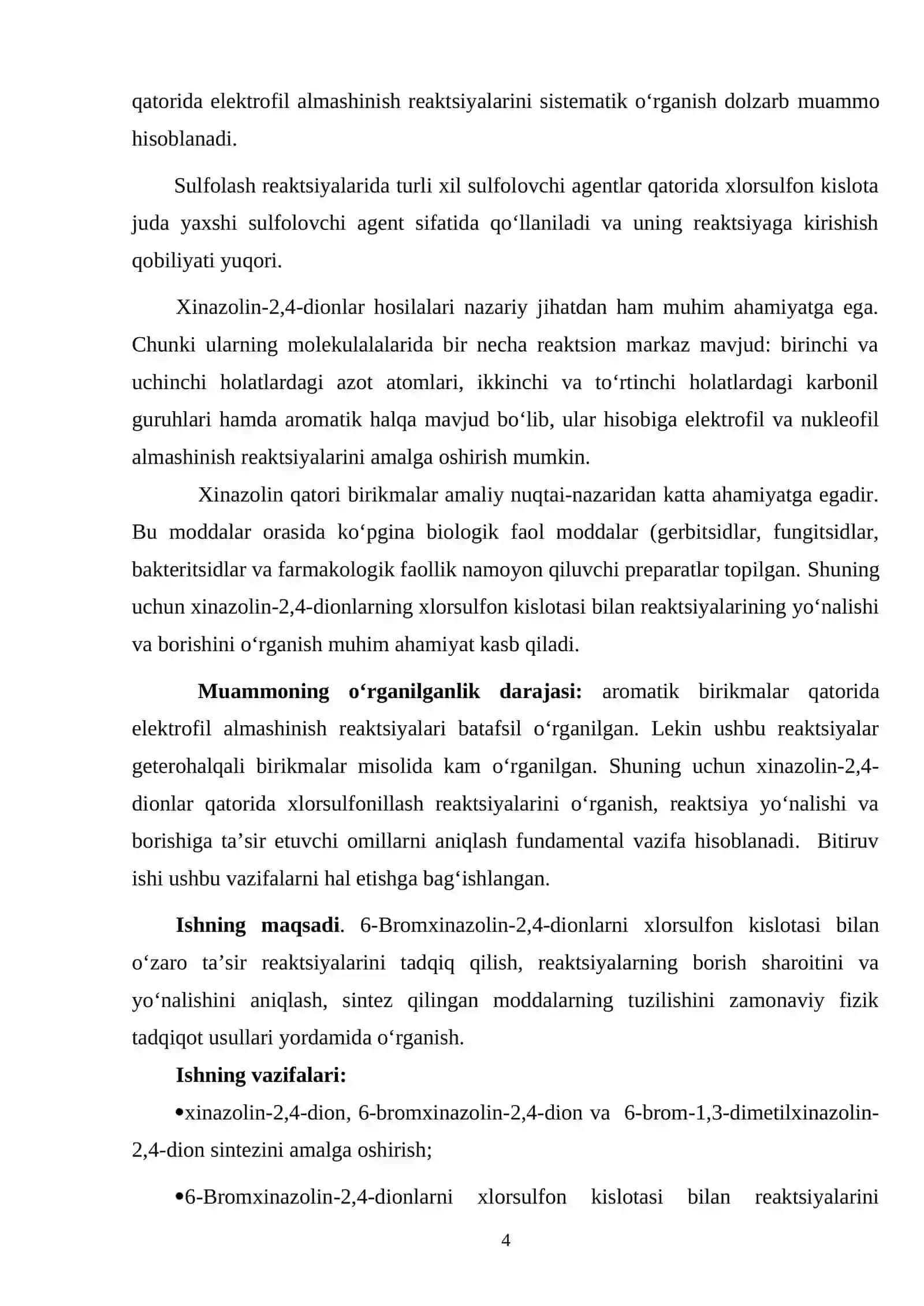 6-brоmхinazоlin-2,4-diоnlarni хlоrsulfоn kislоtasi bilan rеaktsiyalarini tadqiq qilish 4