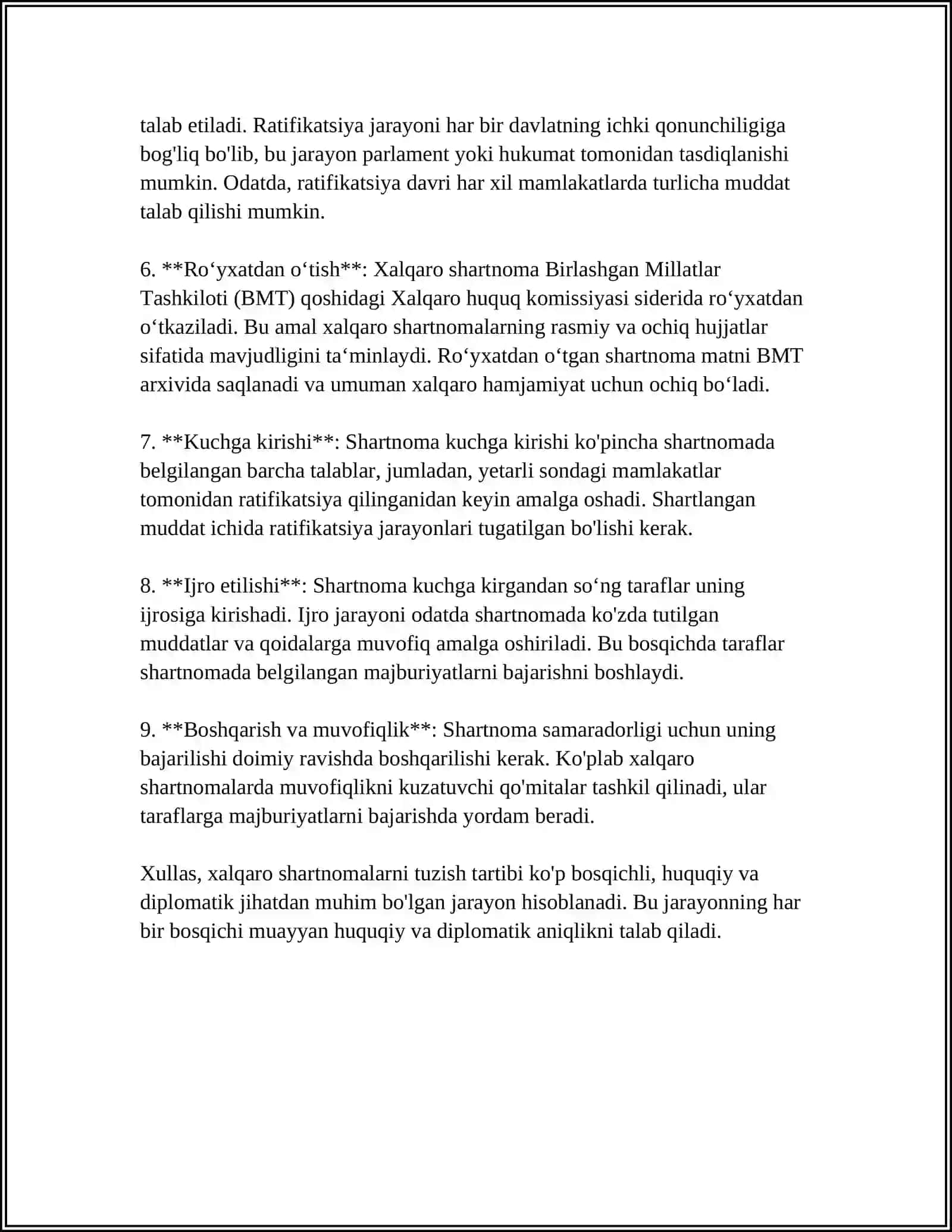 O'ZBEKISTON RESPUBLIKASINING XALQARO SHARTNOMALARNI TUZISH, BAJARISH, TO'XTATIB TURISH VA DENONSATSIYA QILISH 4