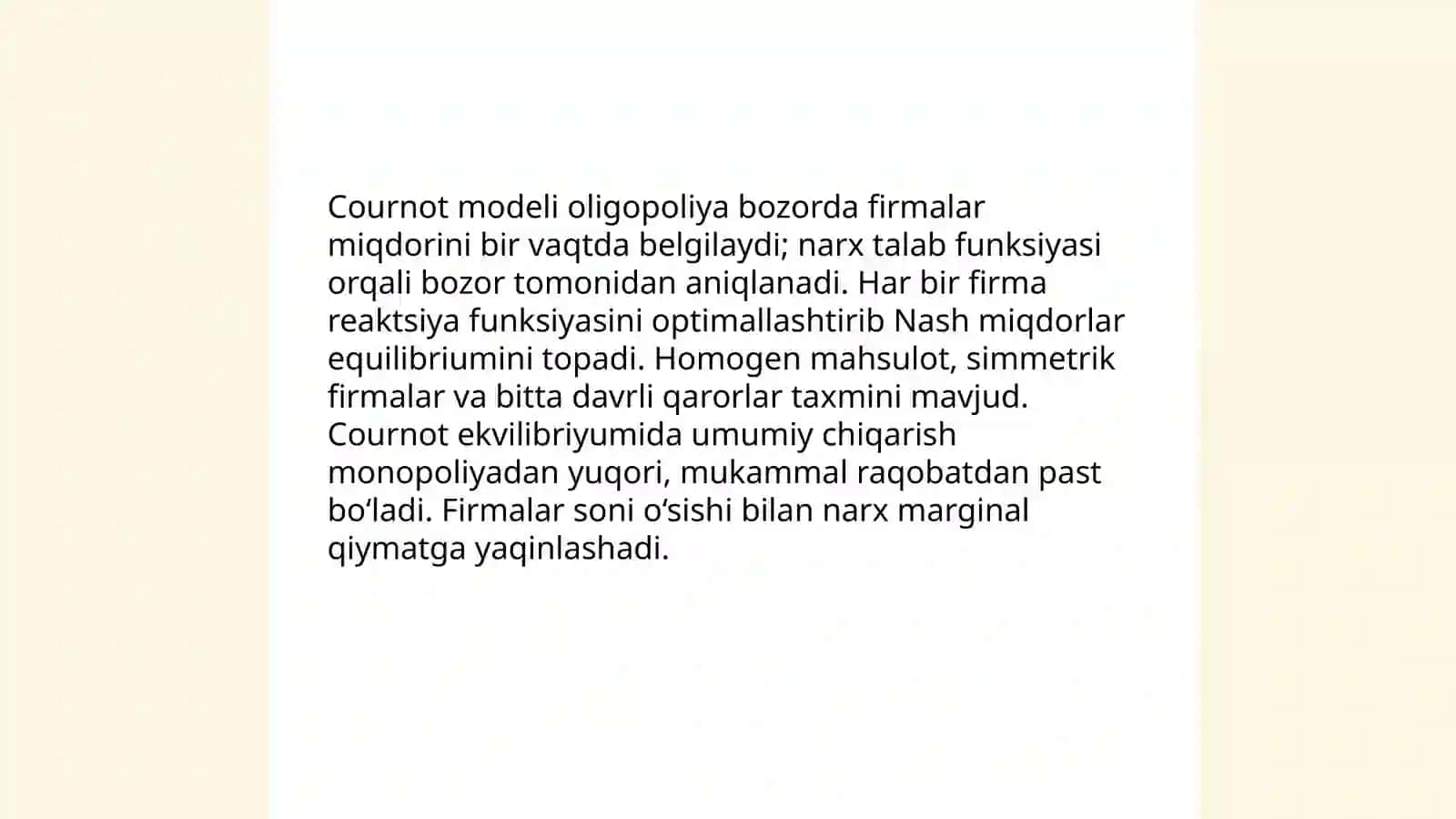 Oligopoliya bozorda narx belgilash strategiyalari: Cournot modeli 4