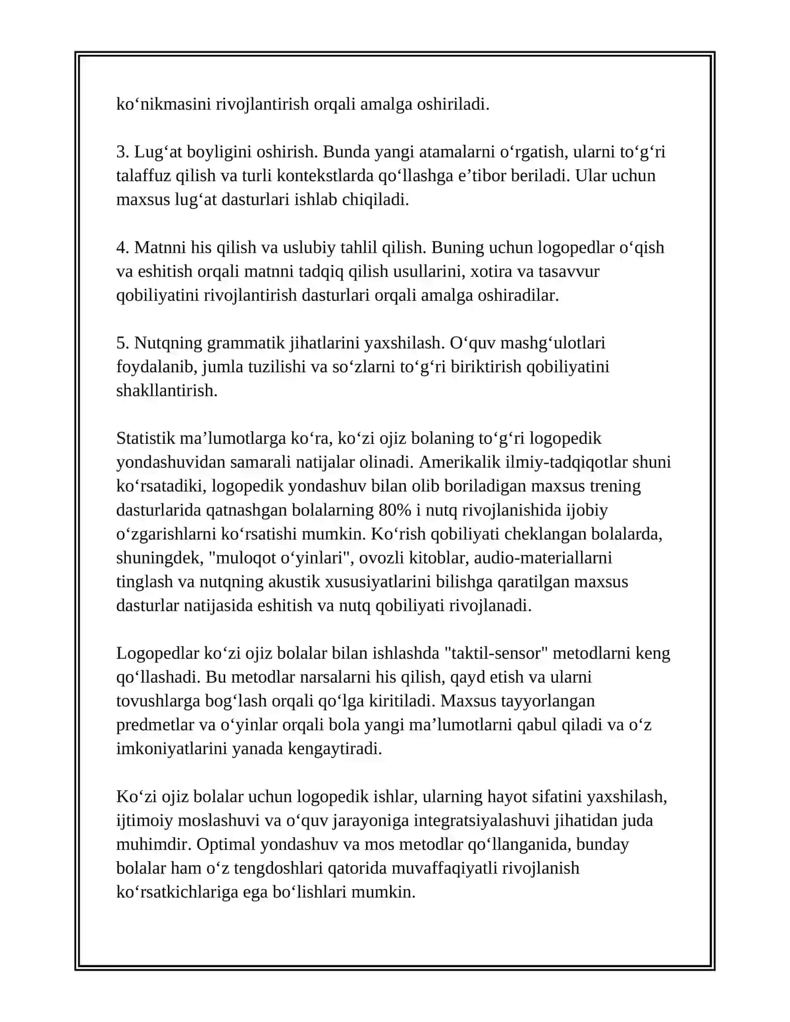 KO‘ZI OJIZ BOLALAR BILAN OLIB BORILADIGAN LOGOPEDIK ISHLARNING OʻZIGA XOS XUSUSIYATLARI 4