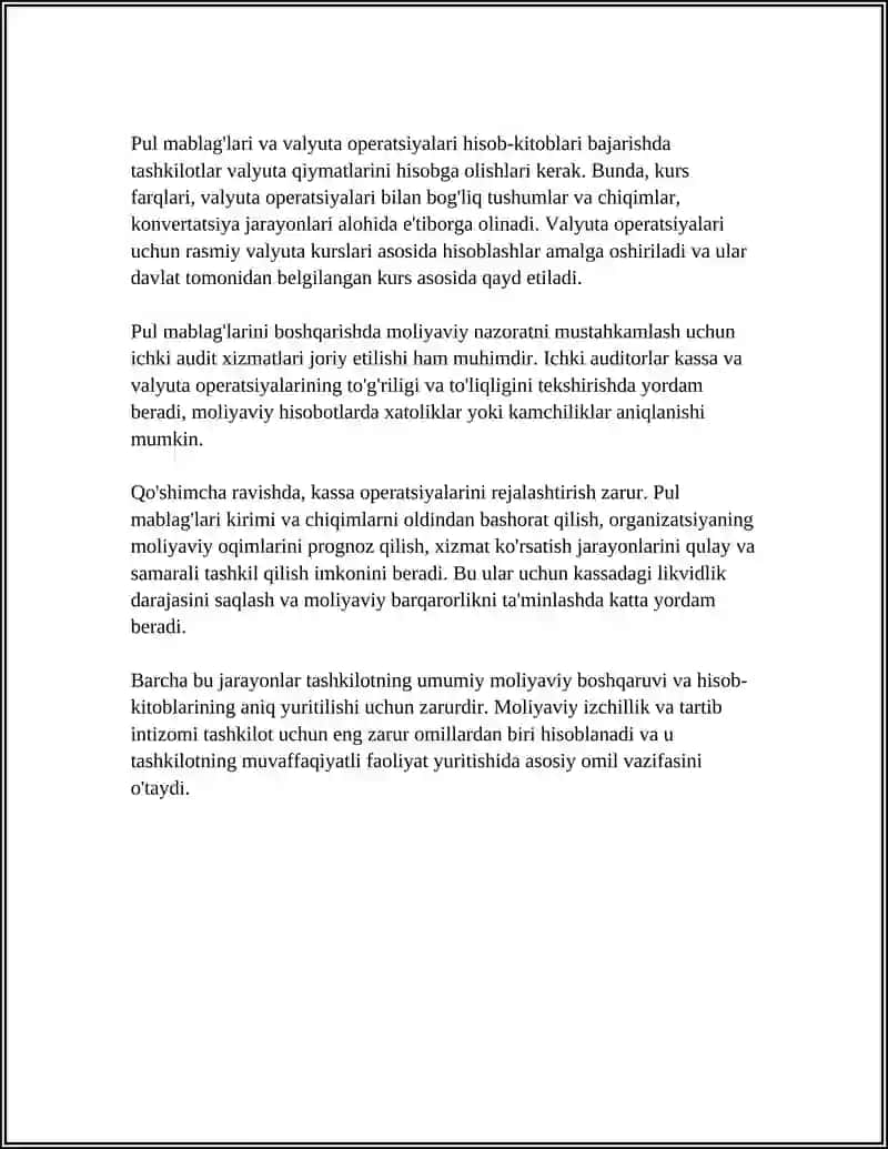 PUL MABLAG’LARI VA VALYUTA OPERATSIYALARI HISOBI, MEHNAT VA ISH HAQINI HISOBGA OLISH, TOVAR-MODDIY ZAHIRALARI HISOBI, INVESTITSIYALAR HISOBI 4
