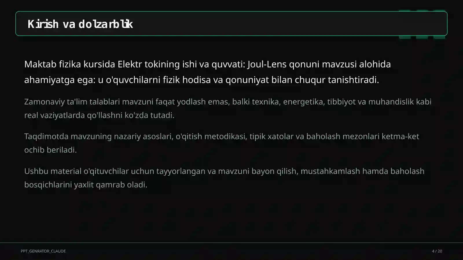 Elektr tokining ishi va quvvati: Joul-Lens qonuni (8-sinf) 4