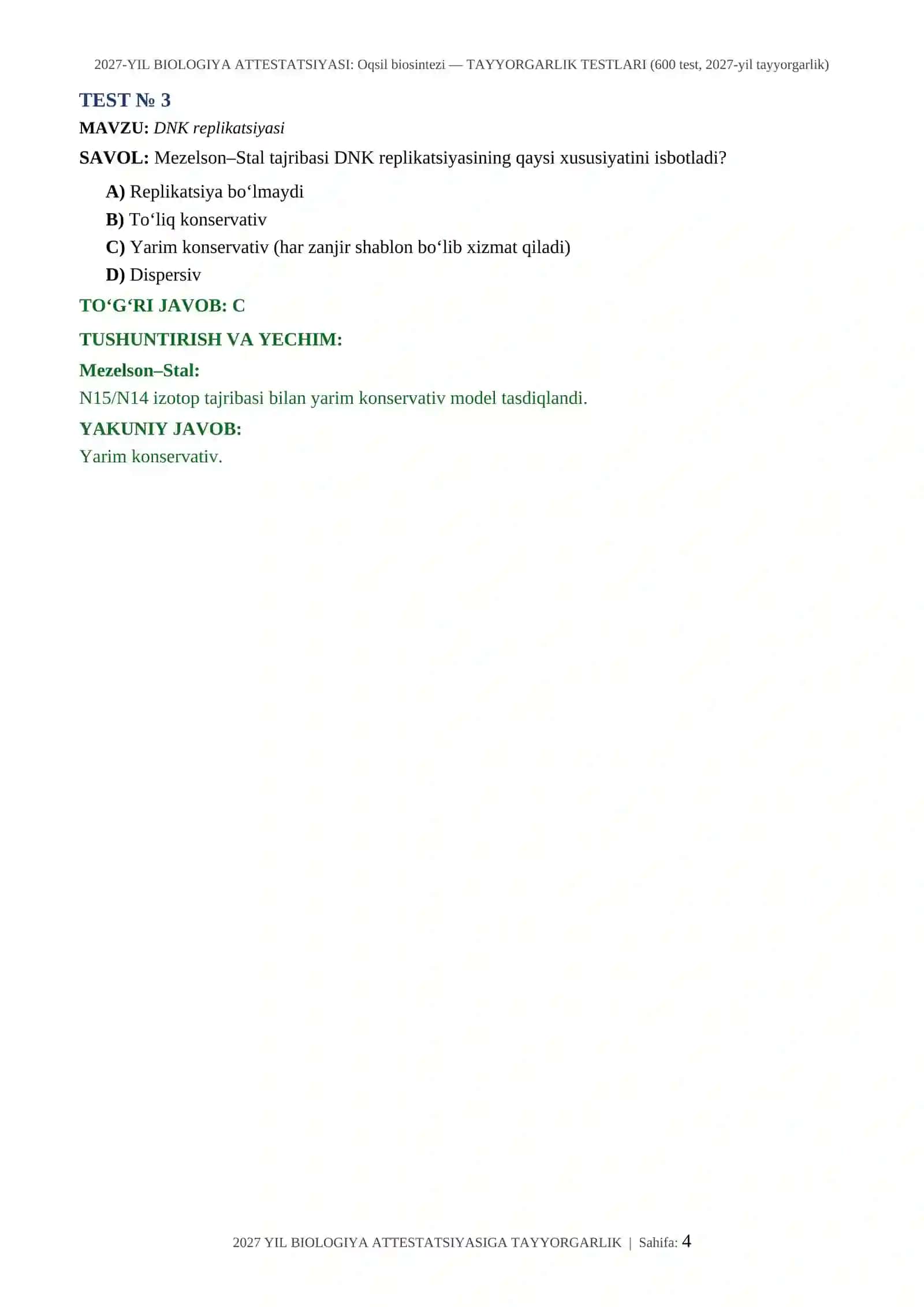 2027-YIL BIOLOGIYA ATTESTATSIYASI: Oqsil biosintezi — TAYYORGARLIK TESTLARI (600 test, 2027-yil tayyorgarlik) 4