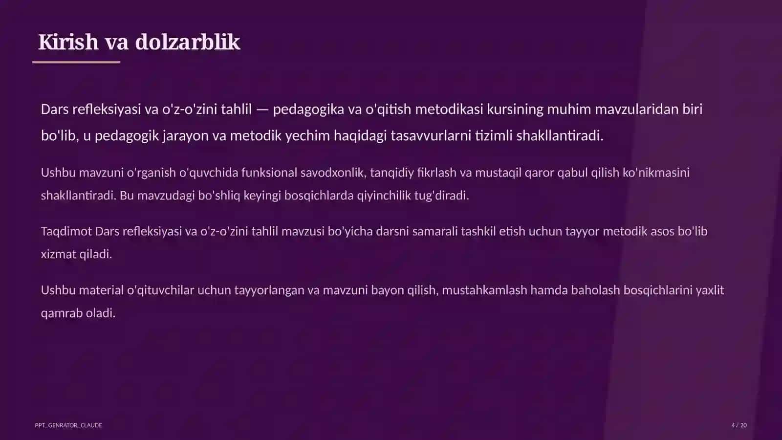 Dars refleksiyasi va o'z-o'zini tahlil 4