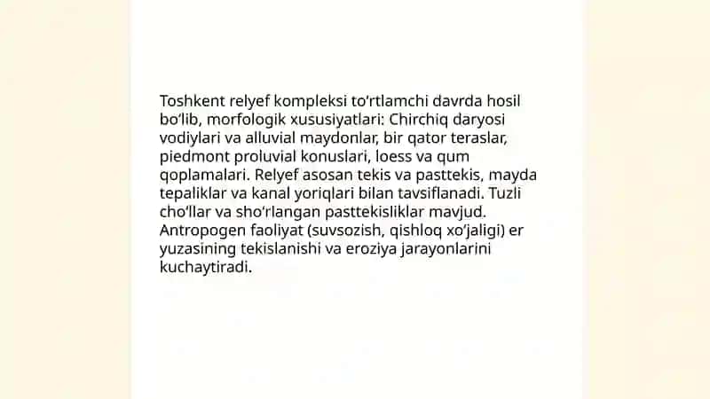 Toʻrtlamchi davr relyef komplekslari (Nanay, Toshkent, Mirzachoʻl, Sirdaryo) 4