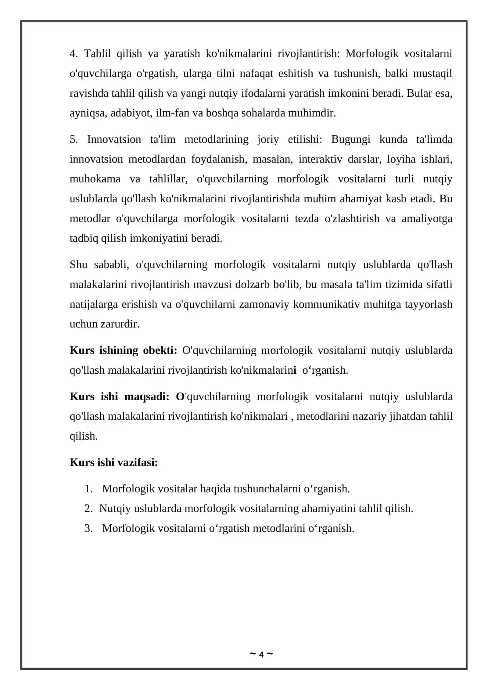 O'quvchilarning morfologik vositalarni nutqiy uslublarda qo'llash malakalarini rivojlantirish ko'nikmalari 4