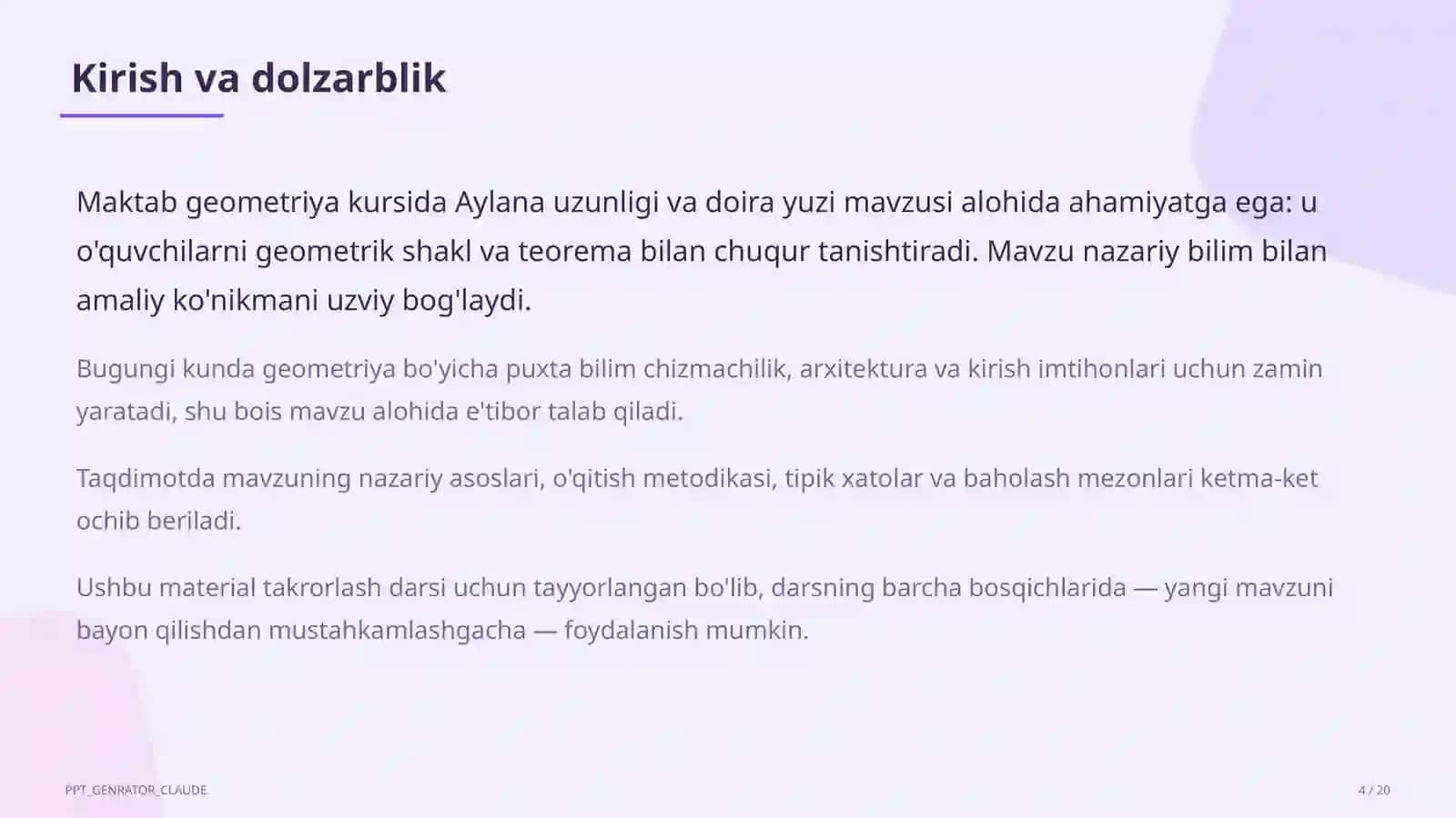 Aylana uzunligi va doira yuzi (9-sinf) 4