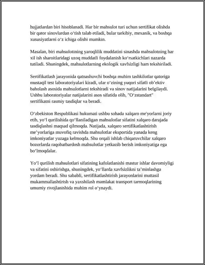 YO‘L QURILISH MAHSULOTLARINI SERTIFIKATLASHTIRISHNING TAMOYILLARI VA ASOSIY MASALALARI 4